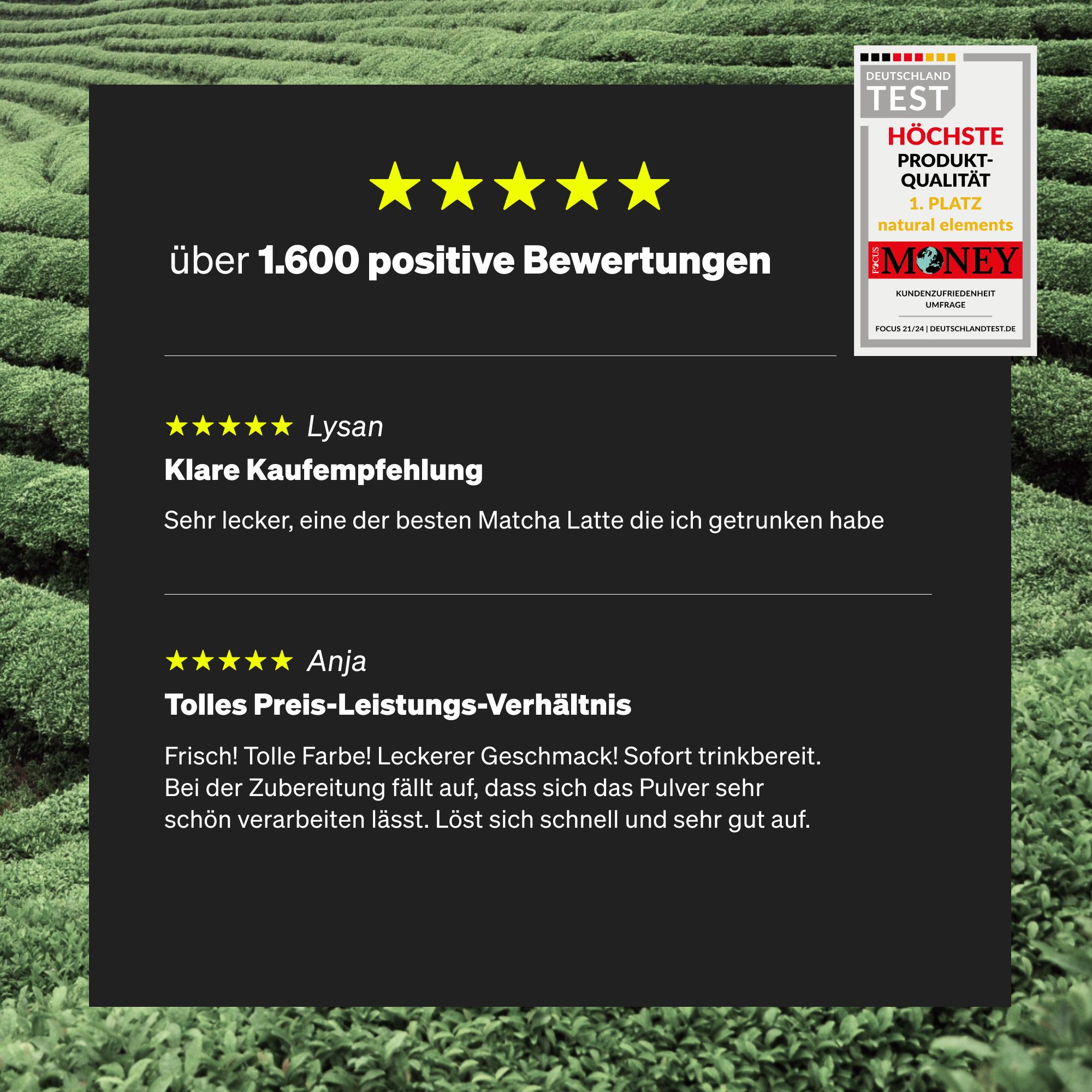 Schwarzer Hintergrund mit Text: über 1.600 positive Bewertungen. Sterne-Bewertungen und Kundenkommentare. Logo: Höchste Produktqualität.