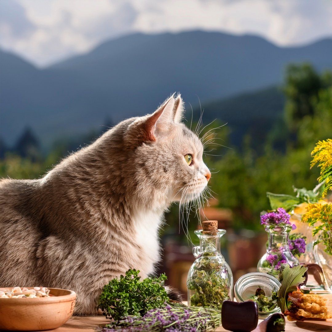 Katze im Freien, Blick zur Seite. Tisch mit Kräutern, Flaschen und Schale mit Drops. Hintergrund: Berge.