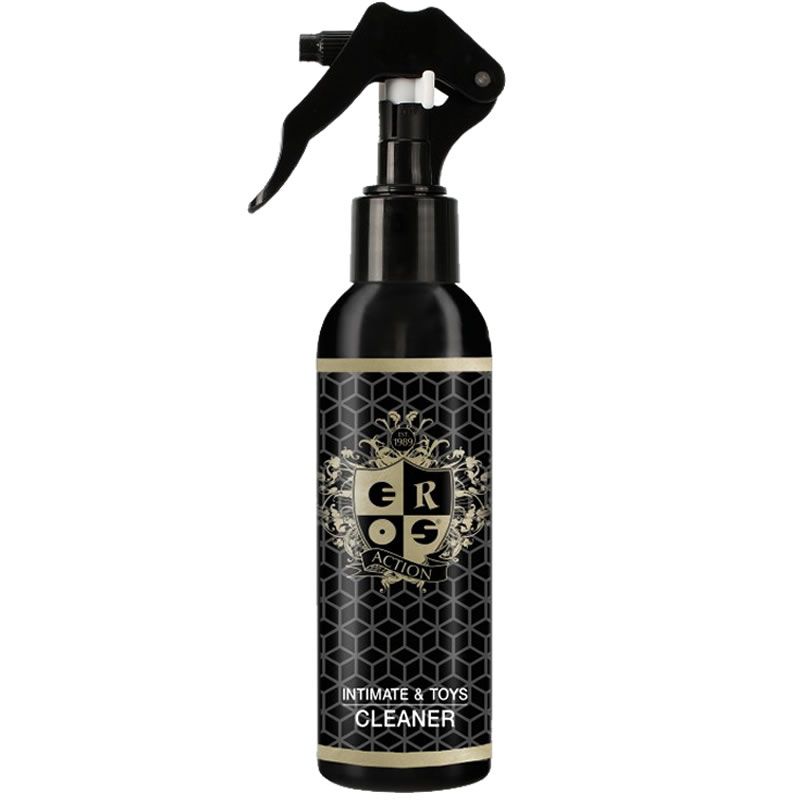 Schwarze Sprühflasche mit Etikett für Intim- und Spielzeugreiniger.