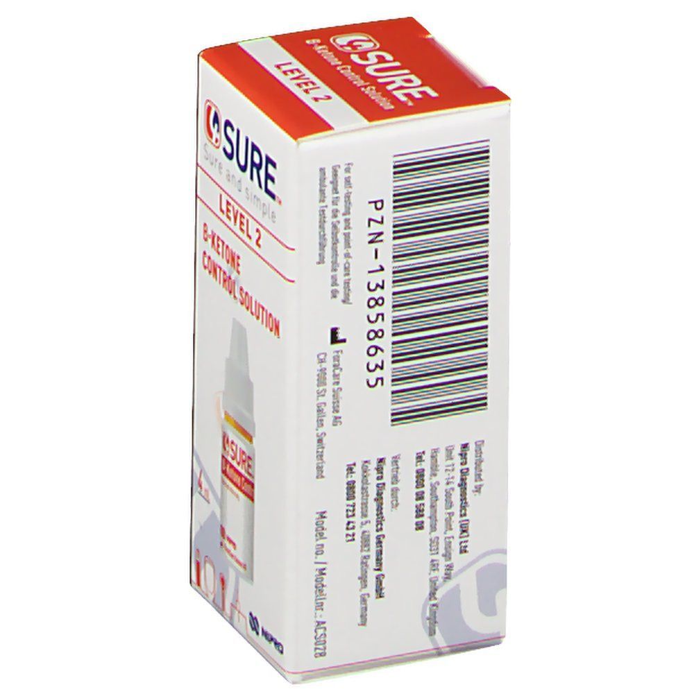 Karton mit Produktflasche. Aufschrift: SURE, B-Keton Kontrolllösung, Level 2. Rückseite mit Text und PZN-13858635.