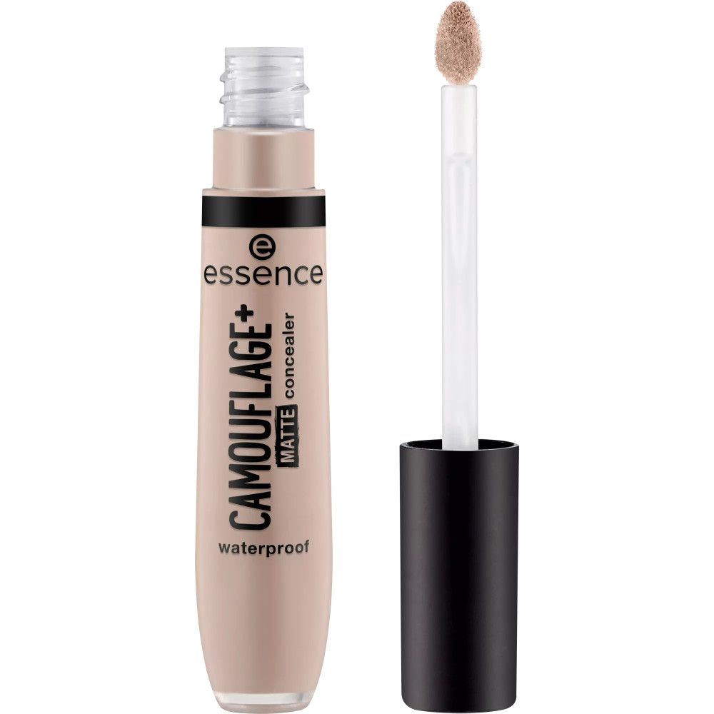 Essence Camouflage Matt Concealer, beige Tube mit schwarzem Deckel. Applikator sichtbar. Aufschrift: CAMOUFLAGE+ MATTE concealer waterproof.