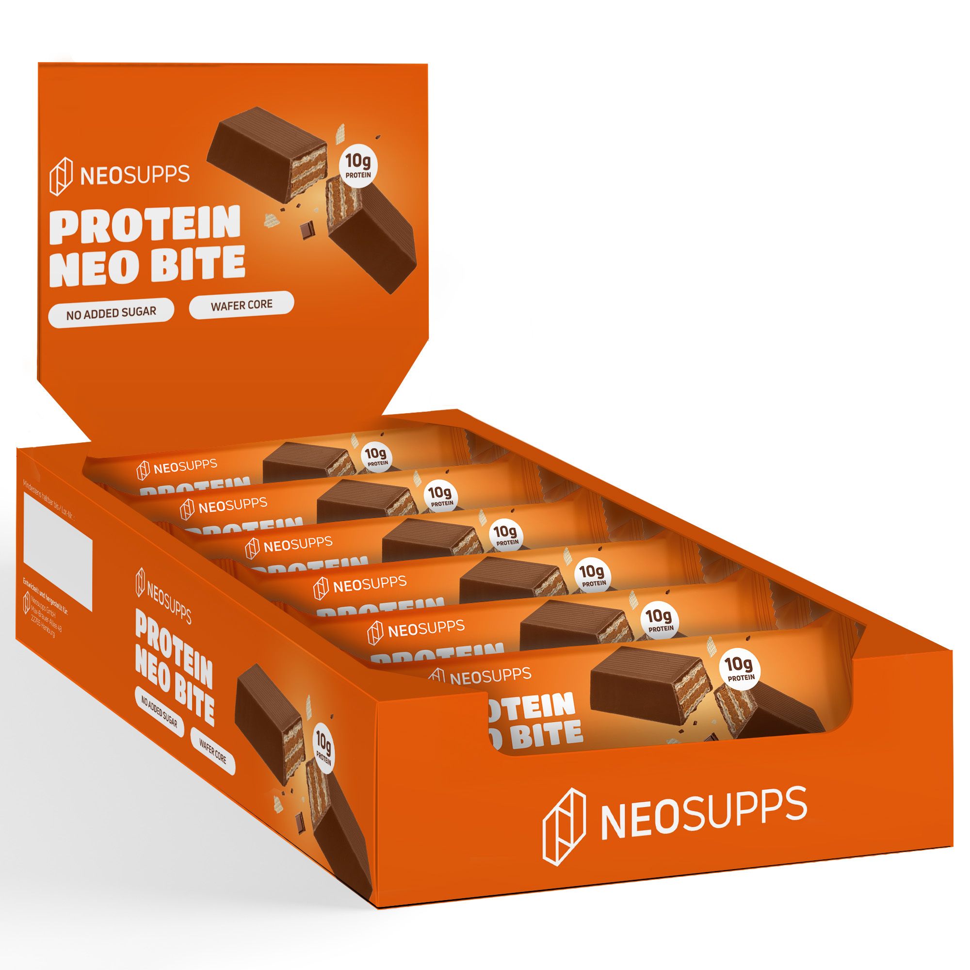 Geöffnete Verkaufsbox mit Proteinriegeln. Aufdruck: Neo Bite, 10g Protein, NeoSupps Logo.