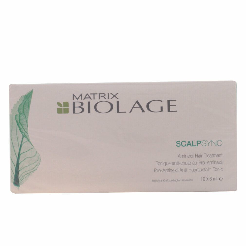 Weiße Produktverpackung mit grünem Logo und Schriftzug. Text: MATRIX BIOLAGE, SCALPSYNC, Aminexil Hair Treatment, 10 x 6 ml e.