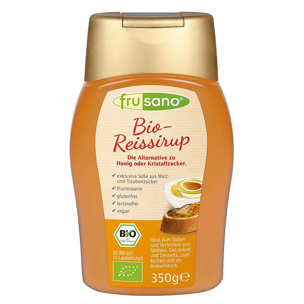 Flasche mit Frusano Bio-Reissirup. Aufschrift: Bio-Reissirup, die Alternative zu Honig oder Kristallzucker. Mit Bio-Siegel.