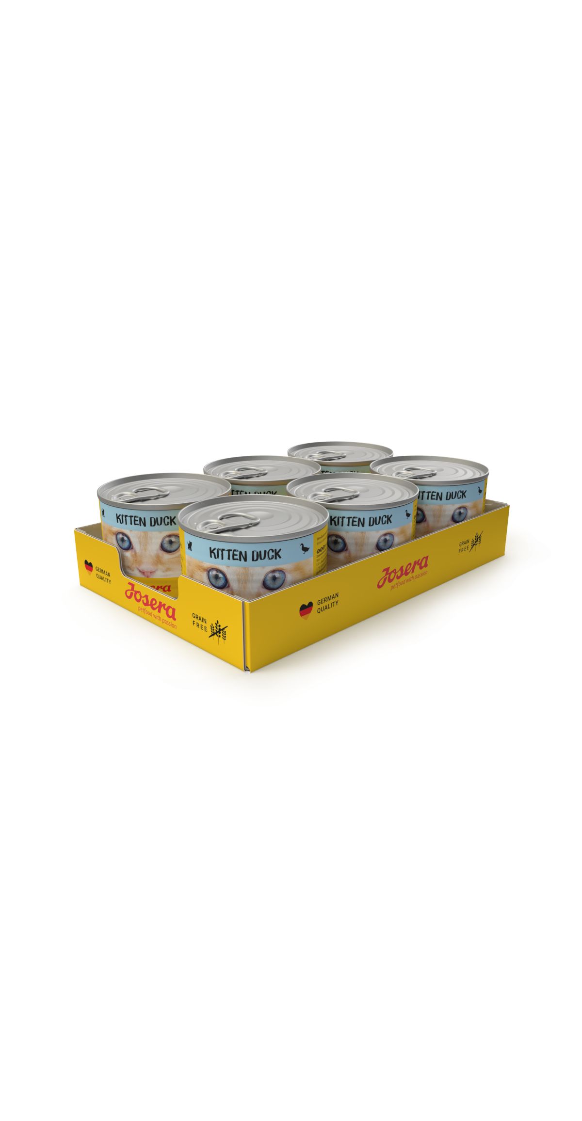 Sechs Dosen JOSERA Kitten Duck in gelber Verpackung. Auf jeder Dose ist ein Katzenauge abgebildet. Aufschrift: Kitten Duck.
