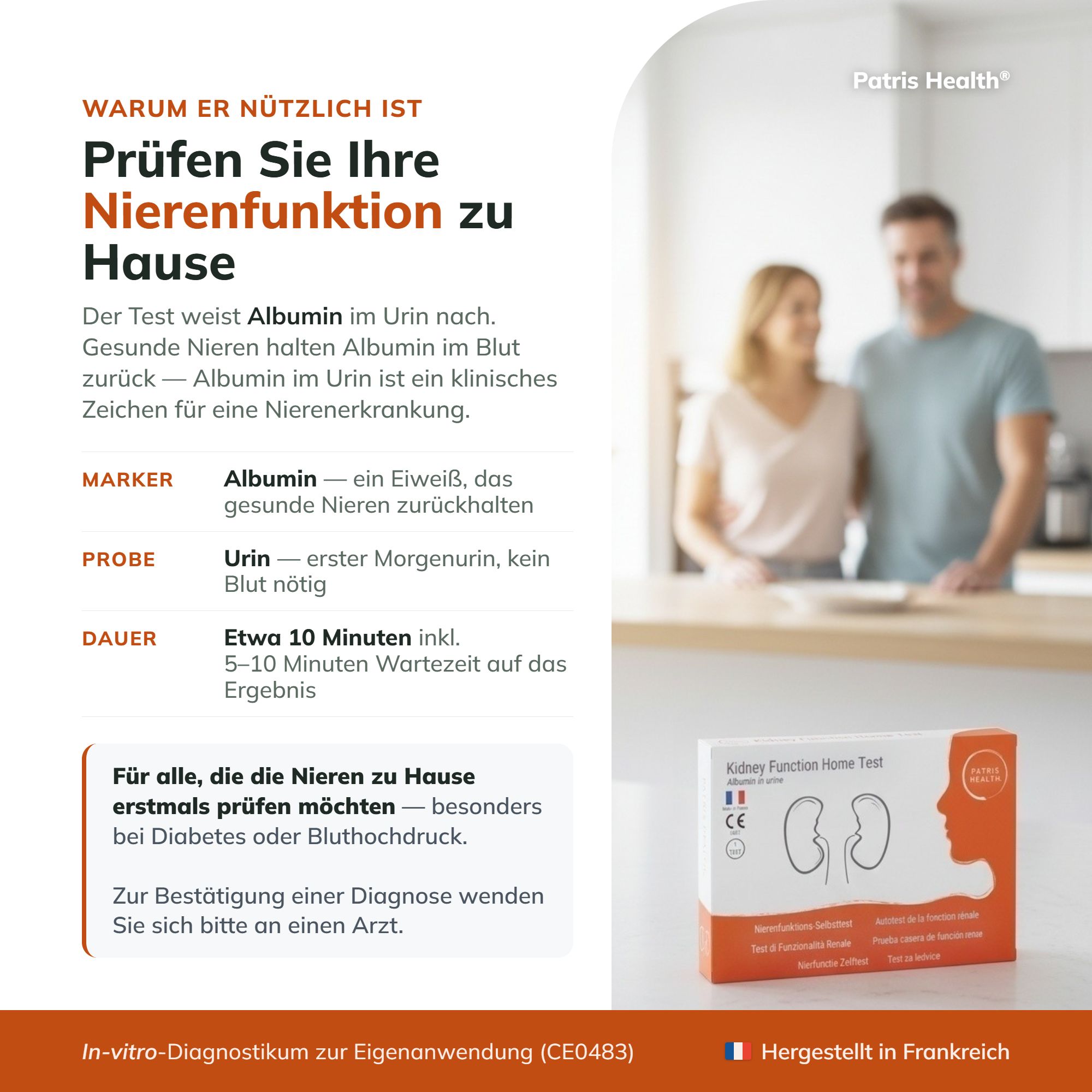 Mann und Frau im Haushalt, neben einer Packung Nierenfunktionstest.