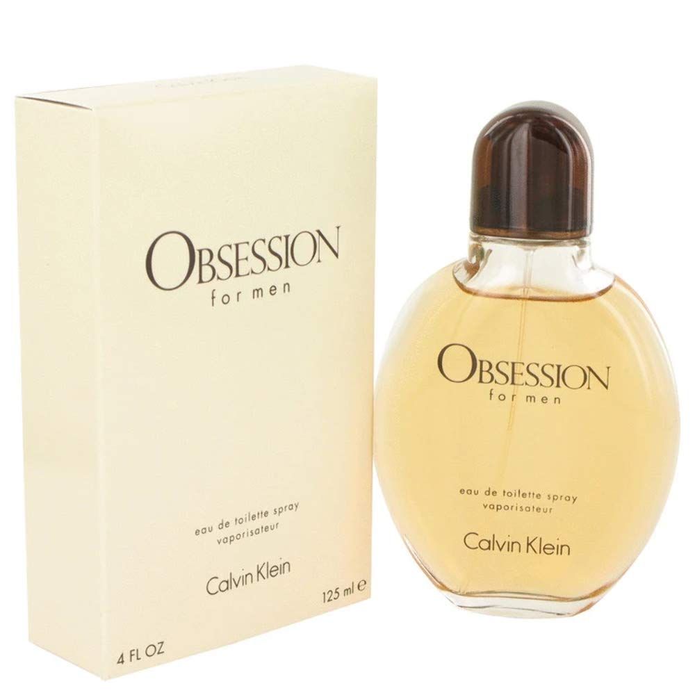 Obsession for men Flakon und Verpackung. Flakon rund, hellgelb. Verpackung beige mit Obsession und Calvin Klein.