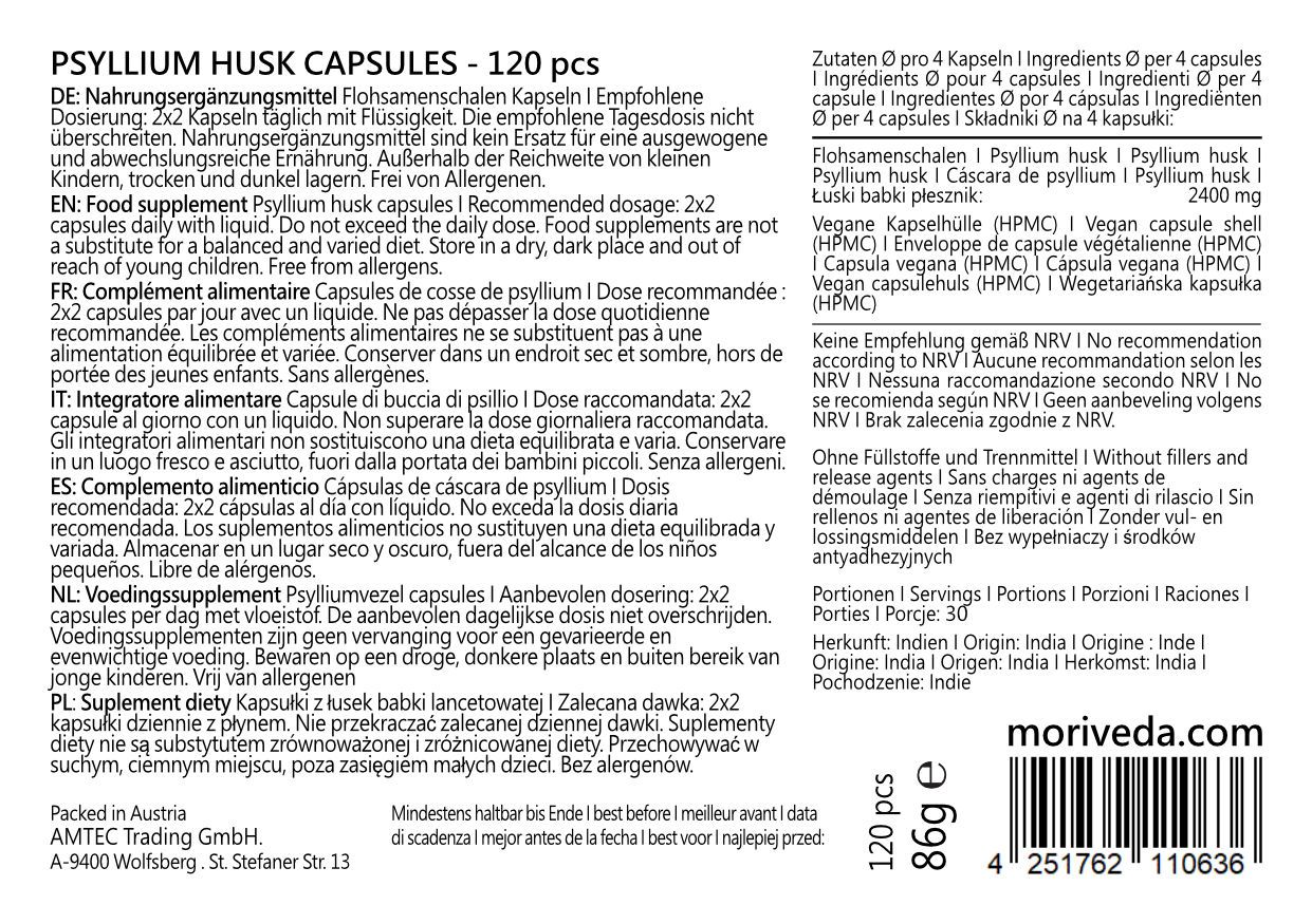 Rückseite der Psyllium Husk Kapseln Verpackung. Informationen zu Inhaltsstoffen, Dosierung, Warnhinweisen und Nährwertangaben. 120 Kapseln.
