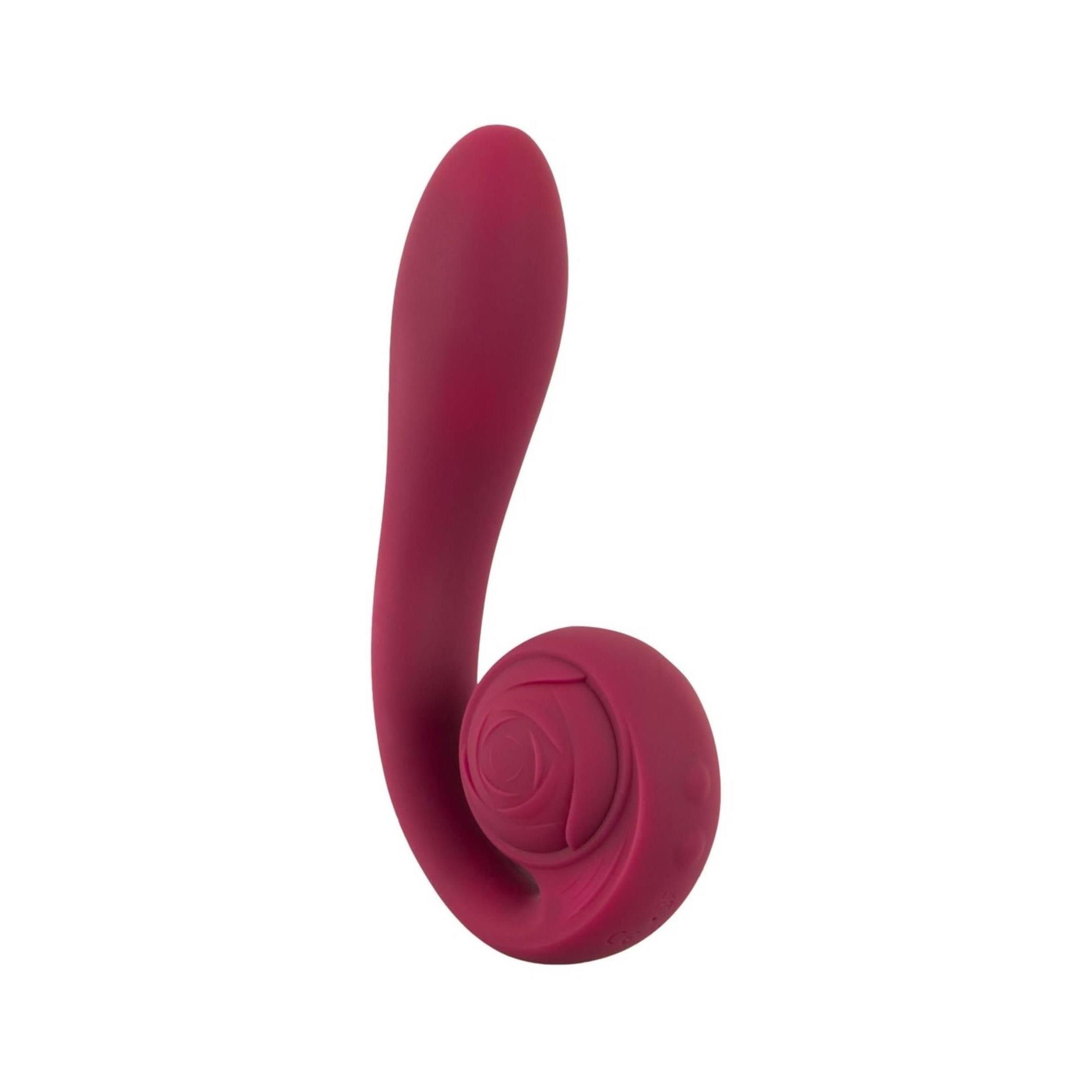 Biegsamer Vibrator in Rosa. Mit einem spiralförmigen Kopf und einem gebogenen Schaft.