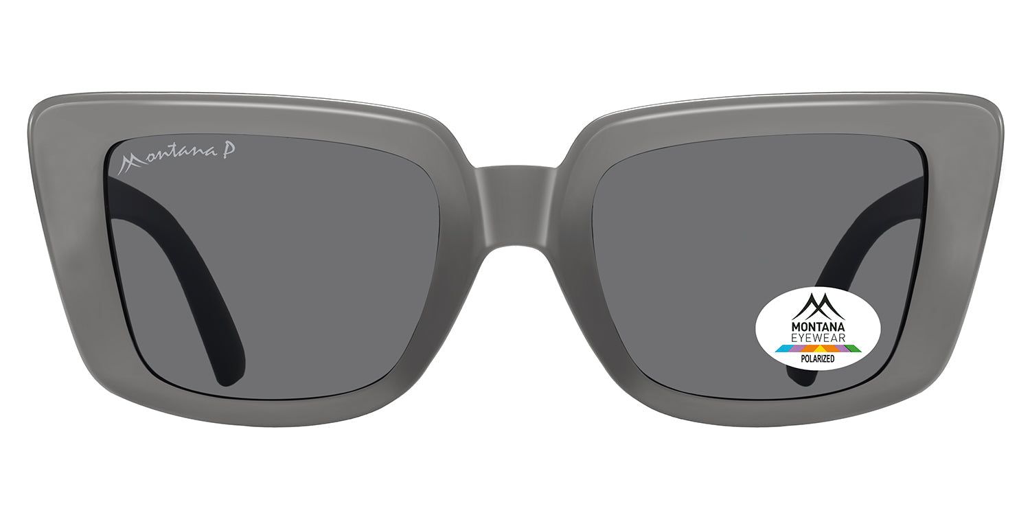 Graue Sonnenbrille mit dunklen Gläsern. Montana Eyewear Logo und polarisiert-Aufkleber. Rechteckige Form mit abgerundeten Ecken.