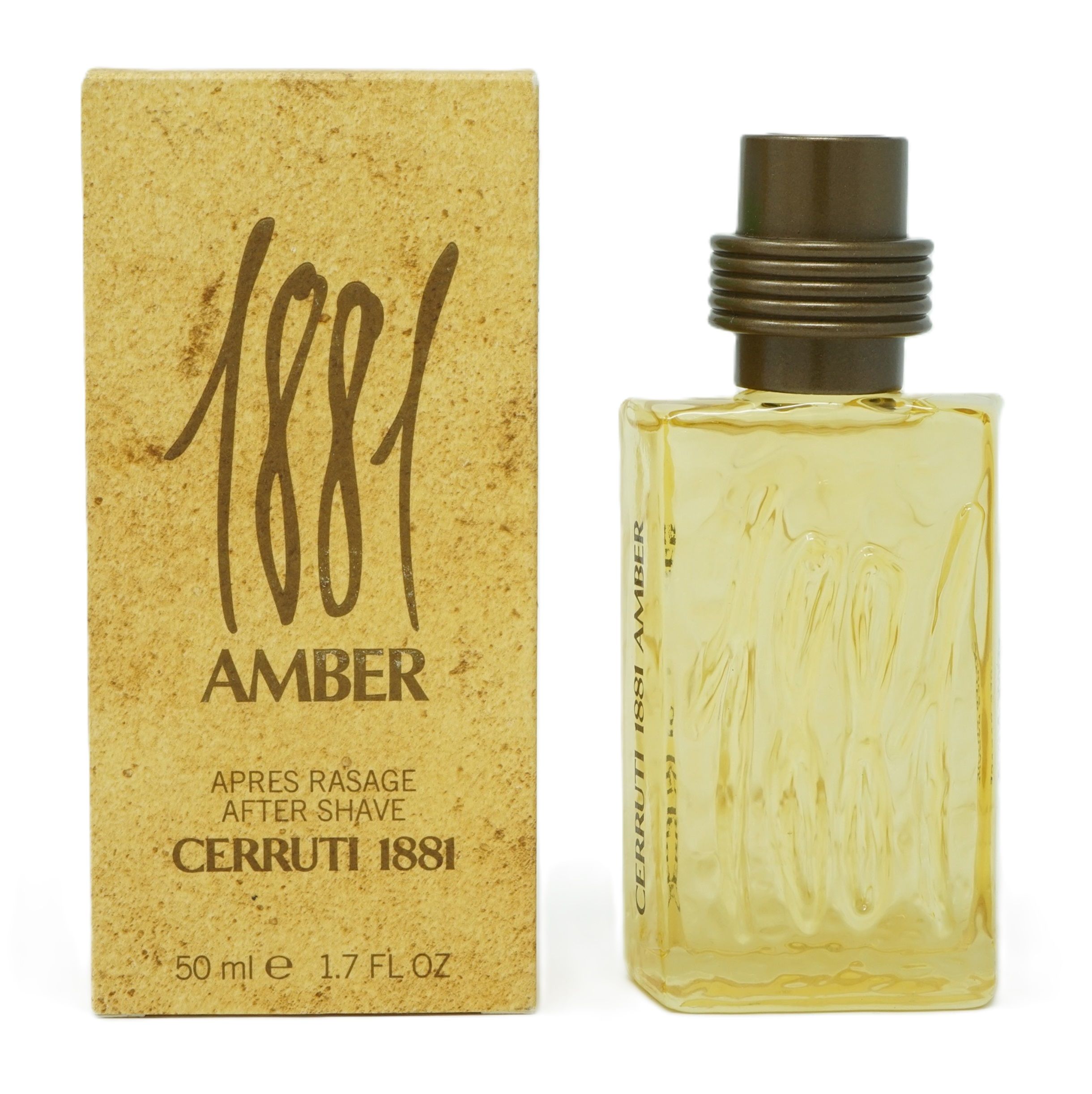 Cerruti 1881 Amber After Shave. Flakon und Karton. Aufschrift: 1881 AMBER, Après Rasage, Cerruti 1881. 50 ml.