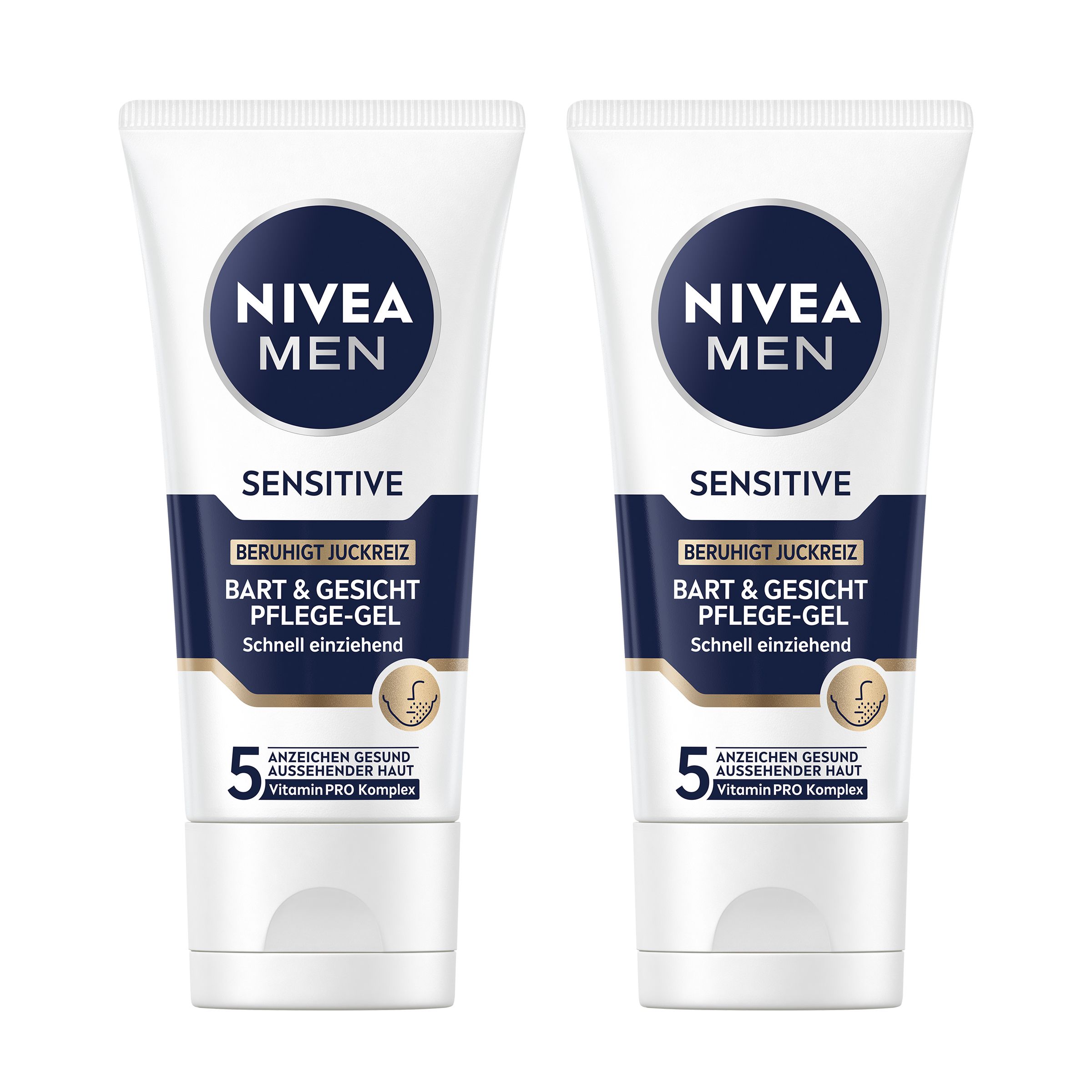 Zwei Tuben NIVEA MEN Bart & Gesichtspflege Gel Sensitive. Weiße Tuben mit blauem Etikett und Produktinformationen.