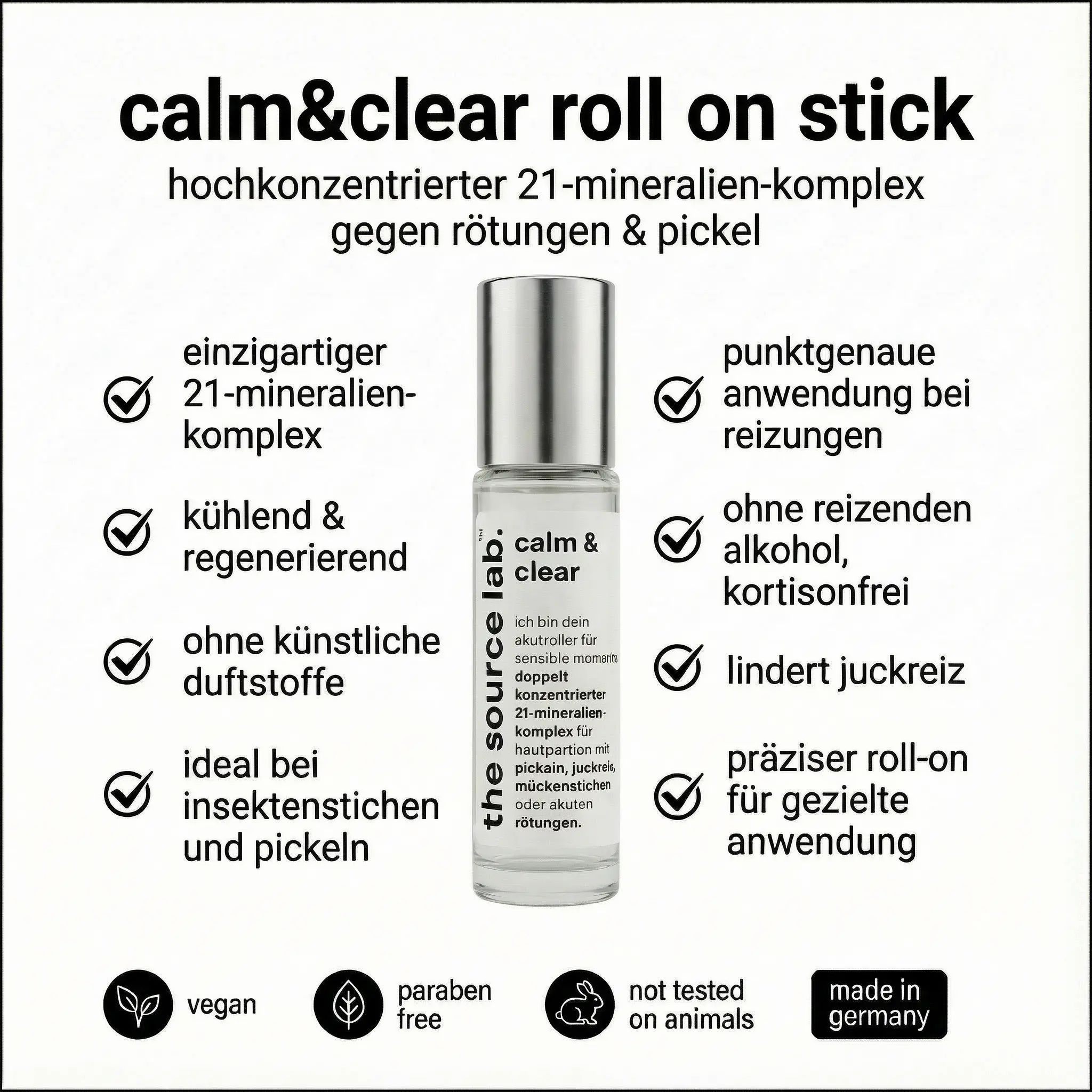 Produktabbildung: calm&clear roll on stick. Text mit Inhaltsstoffen, Eigenschaften und Zertifizierungen. Vegan, ohne Tierversuche.