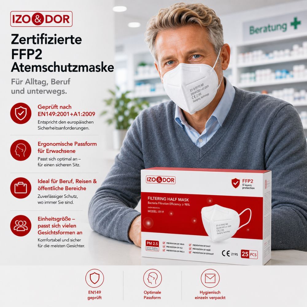 Mann mit weißer FFP2-Maske, Produktverpackung und Merkmalen: CE-zertifiziert, ergonomisch, ideal für Arbeit und Reisen.