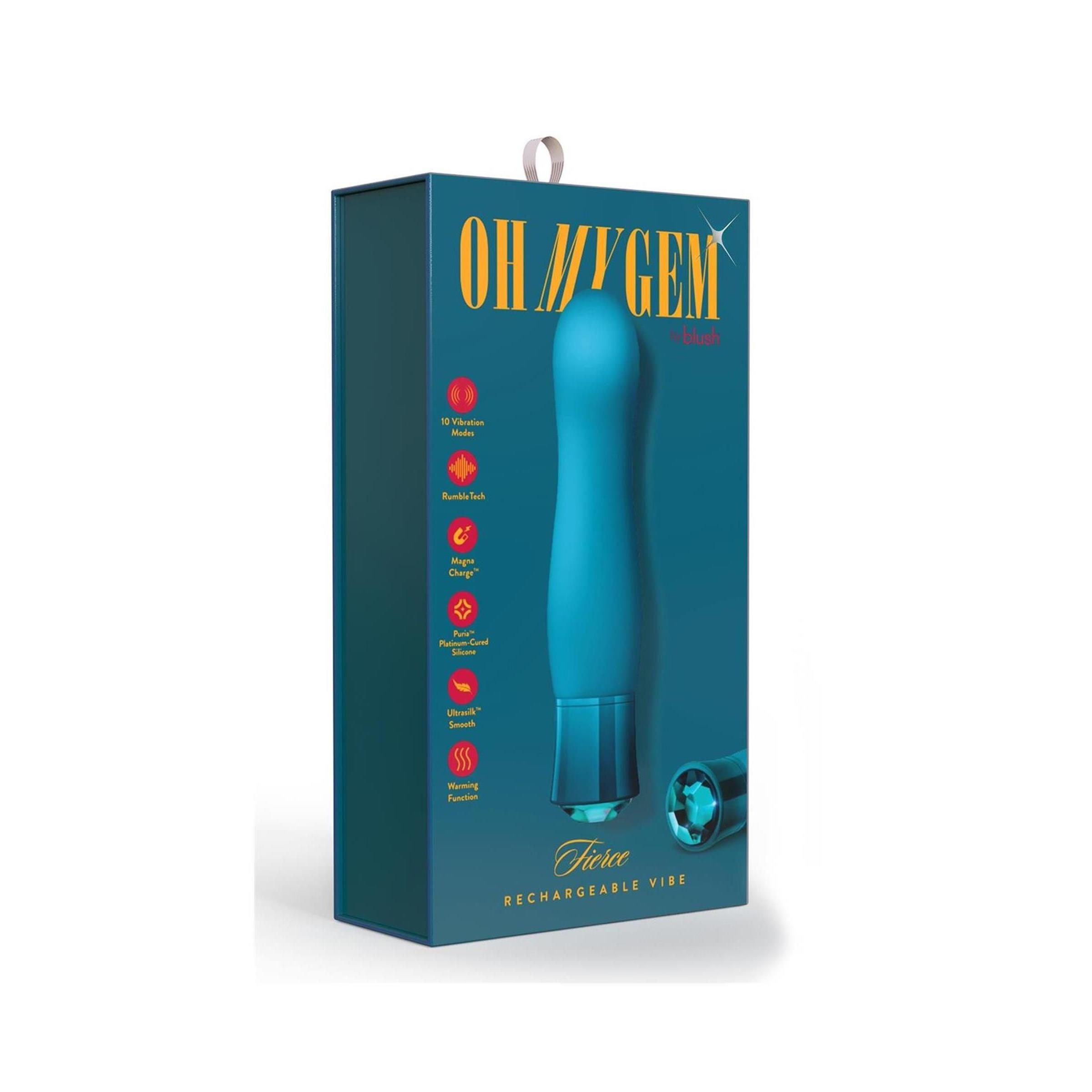 Verpackung mit Produktname 'OH MY GEM' und Produktabbildung. Text: 'Fierce Rechargeable Vibe'.