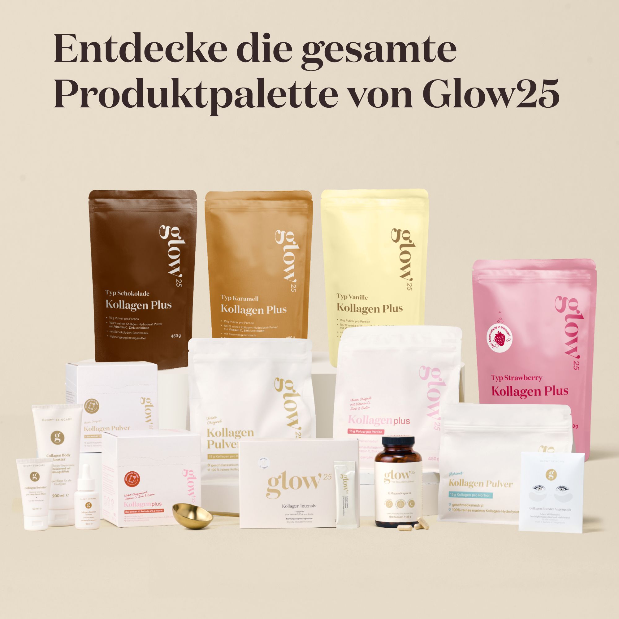 Produktpalette von Glow25. Verschiedene Kollagen Plus Produkte, Cremes, Flaschen und Pulverbeutel.