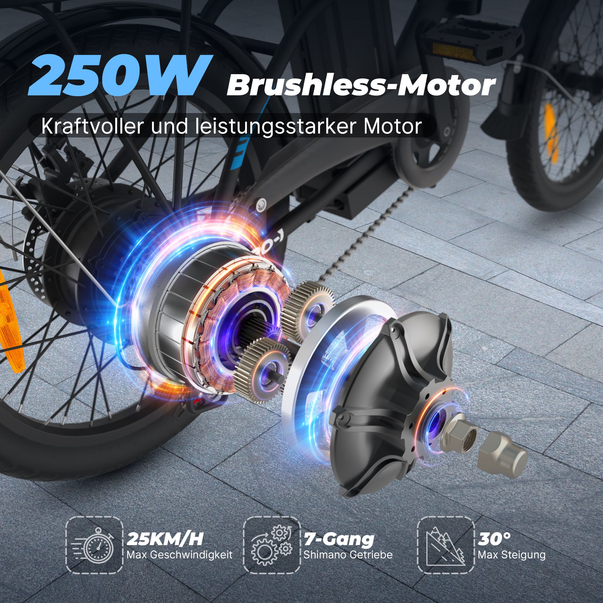 E-Bike-Motor mit 250W, bürstenlos. Details: 25 km/h max. Geschwindigkeit, 7-Gang Shimano, 30° Steigung.