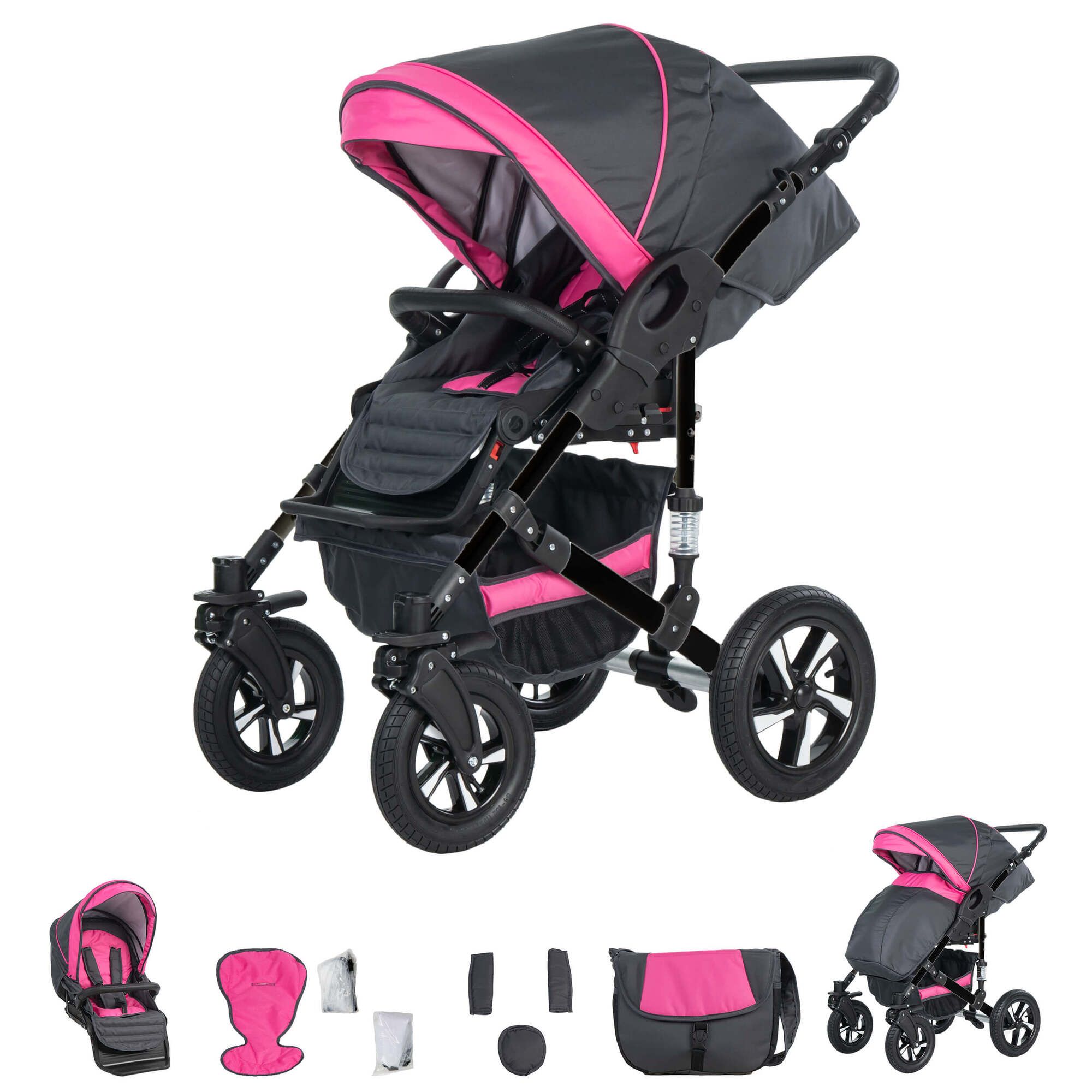 Friedrich Hugo Münster 4 in 1 Kinderwagen Komplettset ISOFIX Basis Luftreifen, Grey & Pink