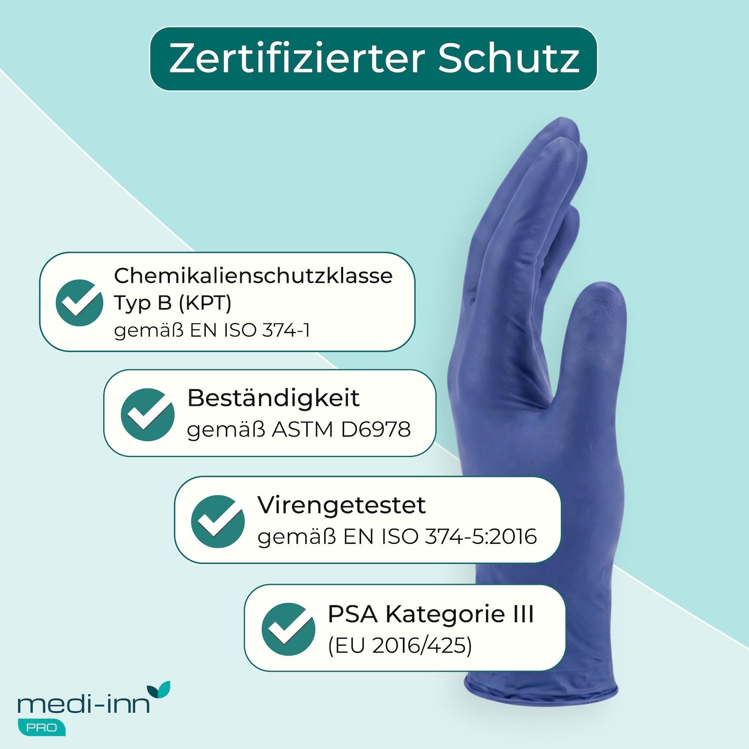 Blaue Nitril-Einmalhandschuhe mit Zertifizierungen für Chemikalienschutz, Beständigkeit und Virenentest.