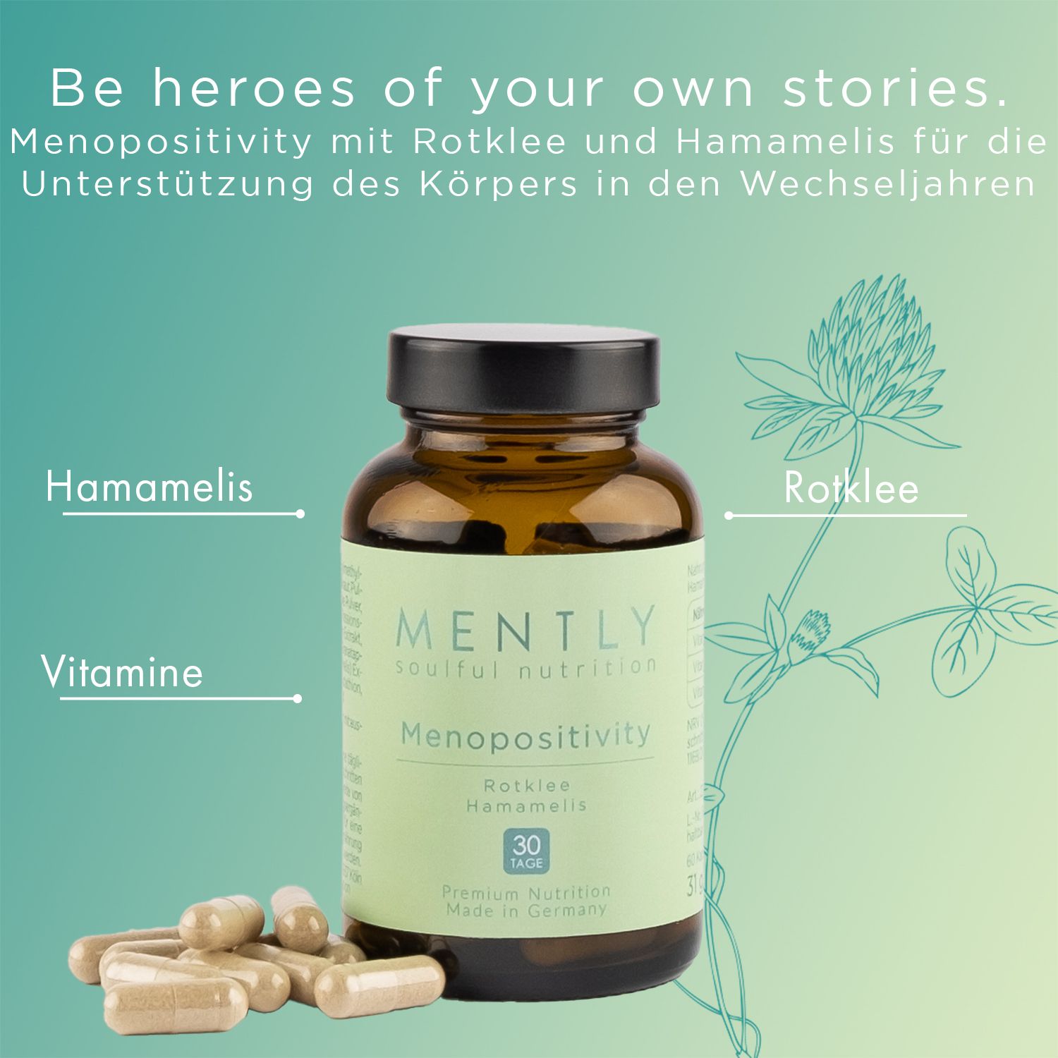 Braune Glasflasche mit Kapseln. Aufschrift: MENTLY Menopositivity mit Rotklee & Hamamelis. 30 Tage. Premium Nutrition. Made in Germany.
