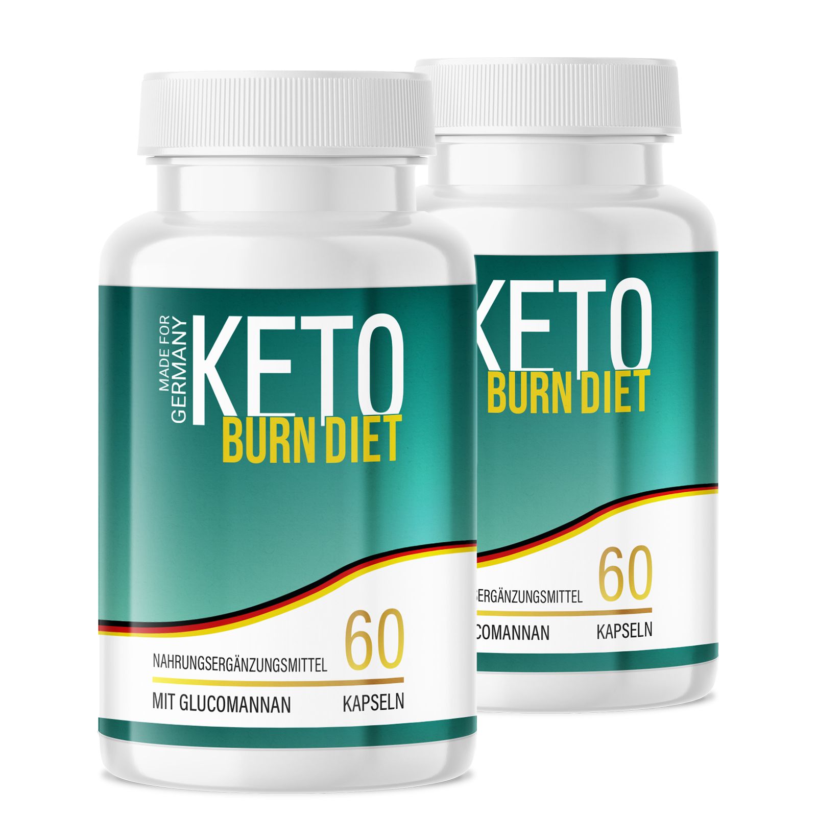 Zwei weiße Pillendosen mit grünen Etiketten. Aufschrift: KETO BURN DIET, 60 Kapseln. Made for Germany.