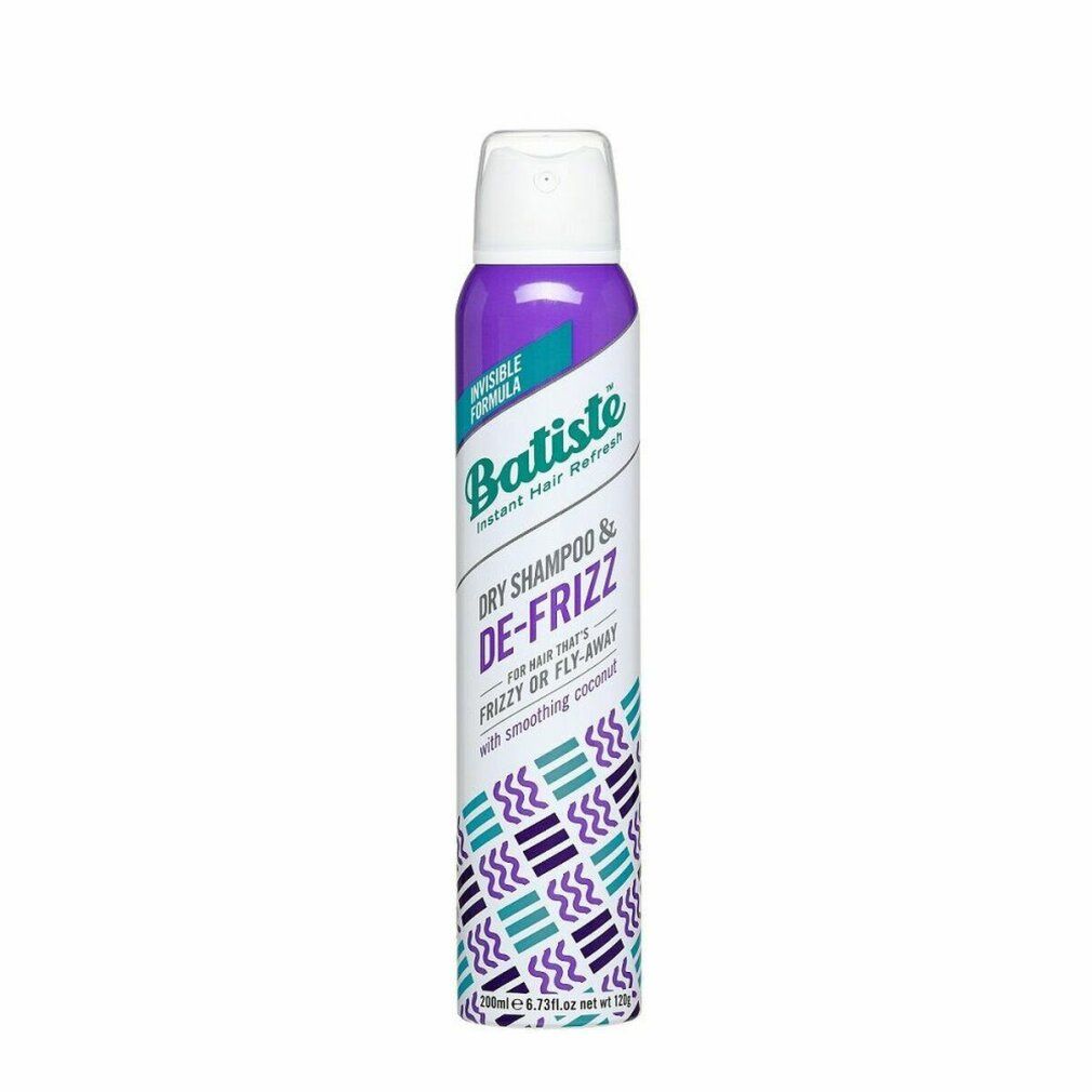 Batiste Trockenshampoo De-Frizz. Lila Dose mit weißem Deckel. Text: Instant Hair Refresh, Dry Shampoo & De-Frizz.