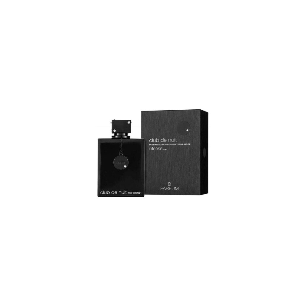 Schwarze Flasche und Karton. Text: "Club de Nuit Intense man" und "Eau de Parfum". Flasche mit Kappe und Anhänger.