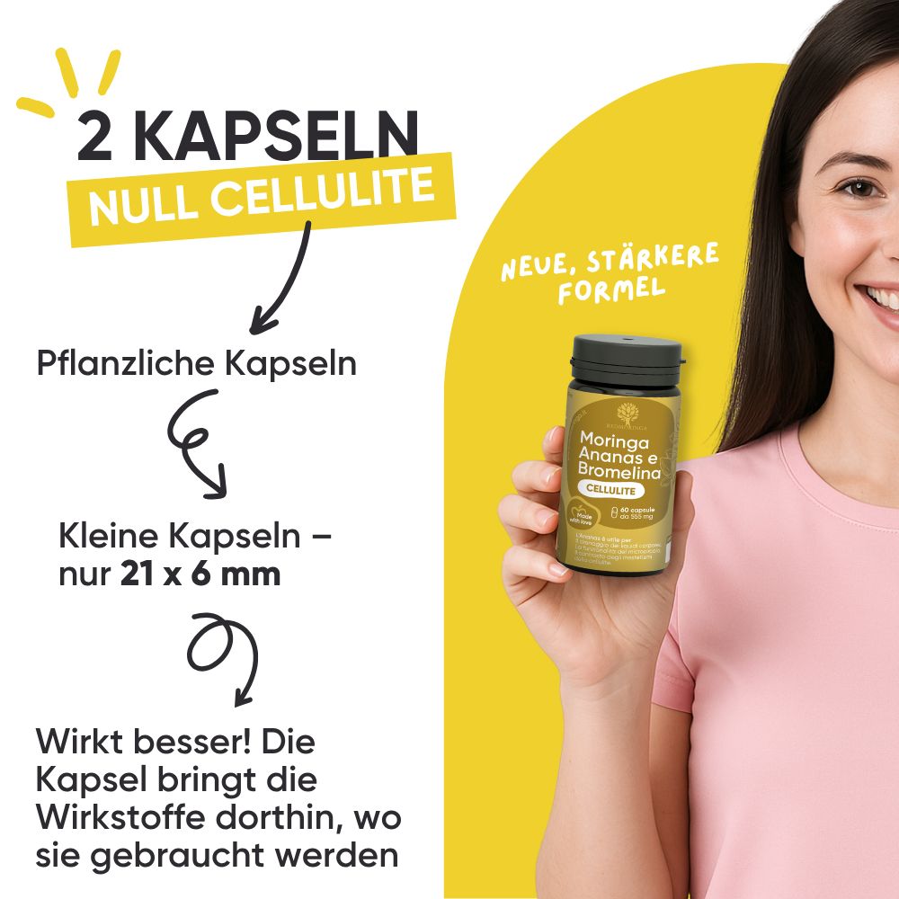 Frau hält eine Flasche RedMoringa CELLULITE Bromelain 5000 GDU Ananas e Moringa. 2 Kapseln, null Cellulite.