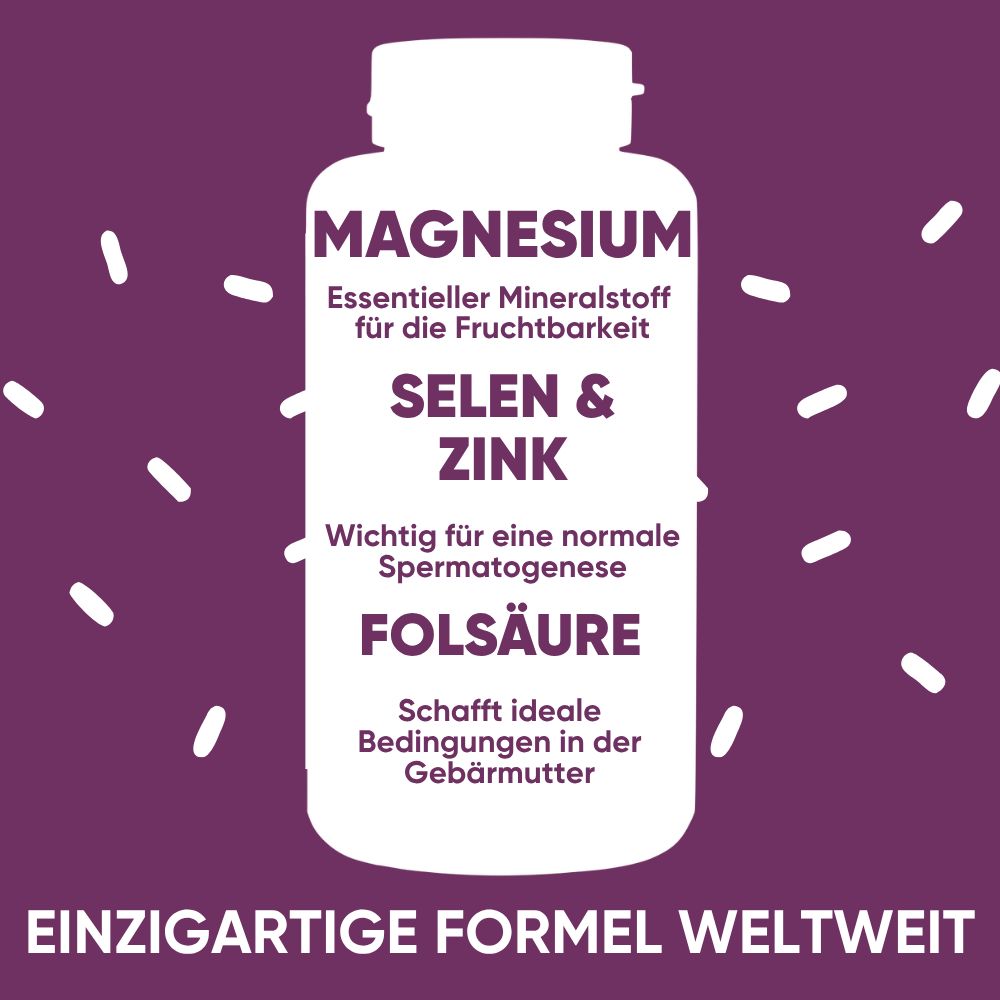 Flasche "Moringa Fertility per Lei" mit Inhaltsstoffen wie Magnesium, Vitamin B6, Folsäure.