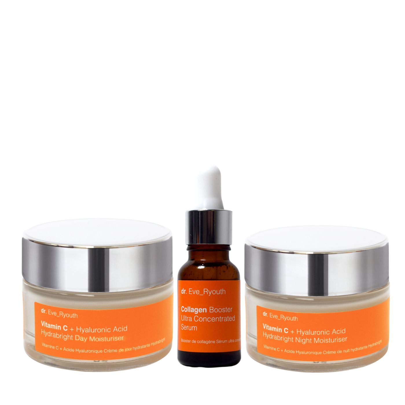 Zwei Cremes und ein Serum. Aufdrucke: dr.Eve_Ryouth, Vitamin C + Hyaluronsäure. Serum mit Pipette. Cremes mit Deckel.