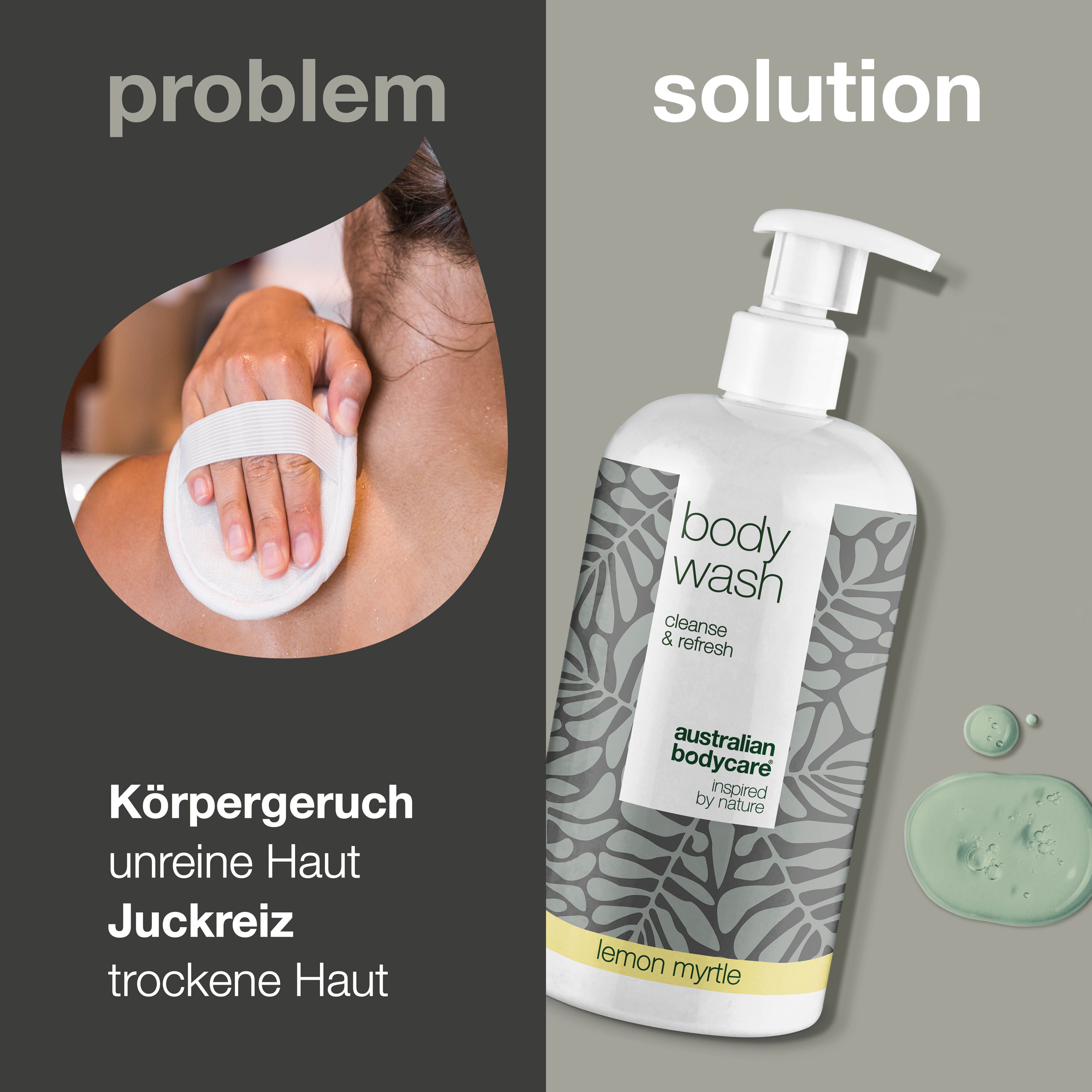 Body Wash Flasche mit Pumpe. Links: Probleme, rechts: Lösung. Text: Geruch, Unreinheiten, Juckreiz, trockene Haut.