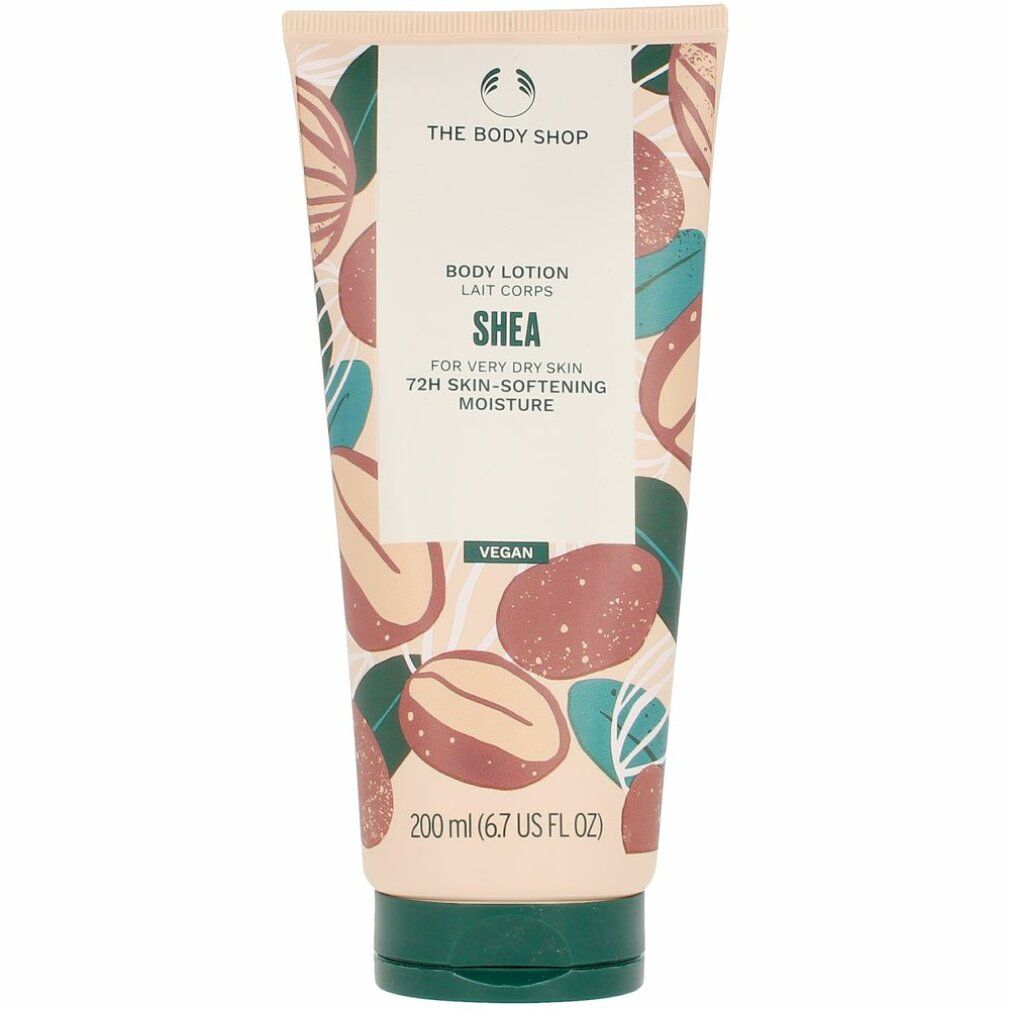 Tube Body Shop Shea Body Lotion. Beige, grüne Kappe. Aufdruck: Shea, für sehr trockene Haut, 72h Feuchtigkeit. Vegan.