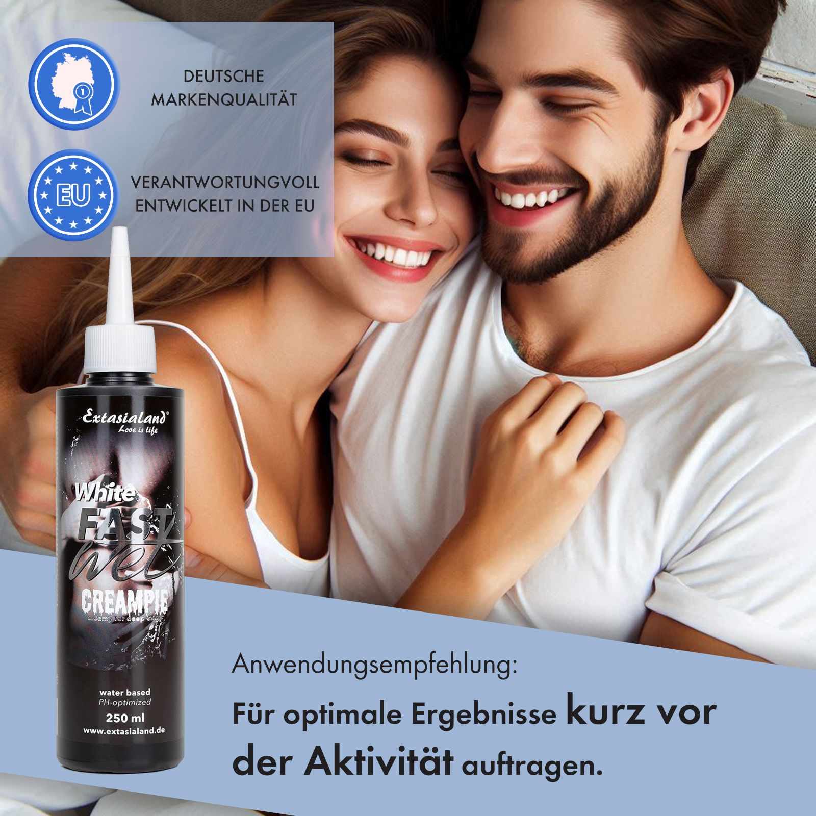 Paar im Bett, Flasche Fastwet Creampie. Schwarze Flasche mit weißem Deckel. Text: White Fast Wet Creampie. 250 ml. EU-Qualität.
