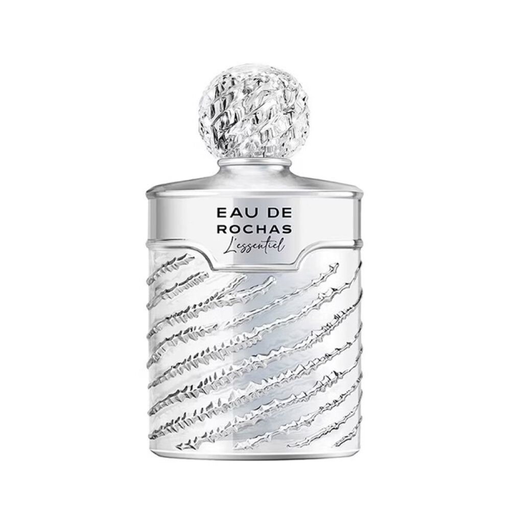 Silberfarbener Flakon mit geriffelter Oberfläche und Kappe. Aufschrift: Eau de Rochas L'Essentiel.