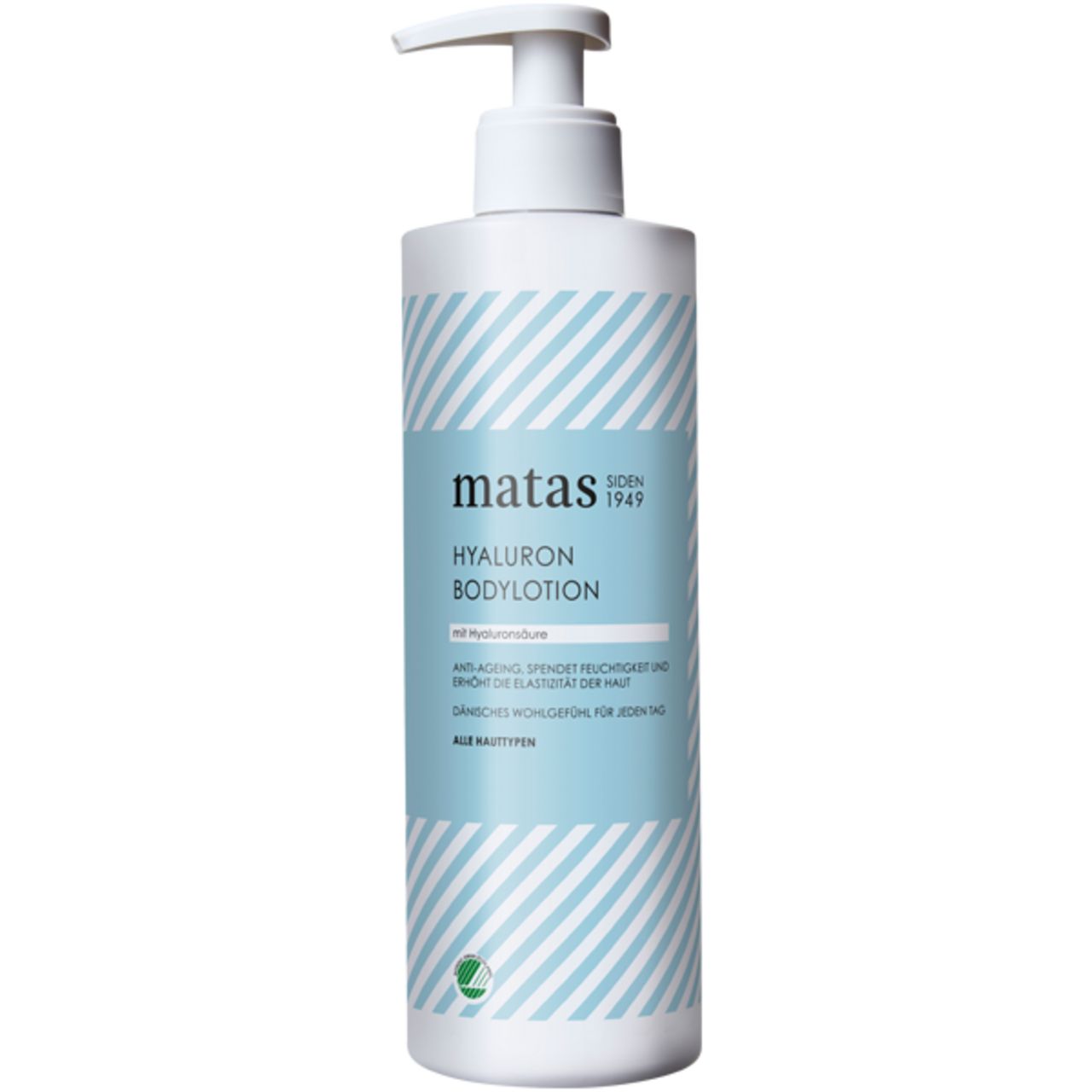Weiße Flasche mit Pumpe. Aufschrift: matas, Hyaluron Bodylotion. Hellblauer Streifen mit Text. Grün-weißes Logo unten.