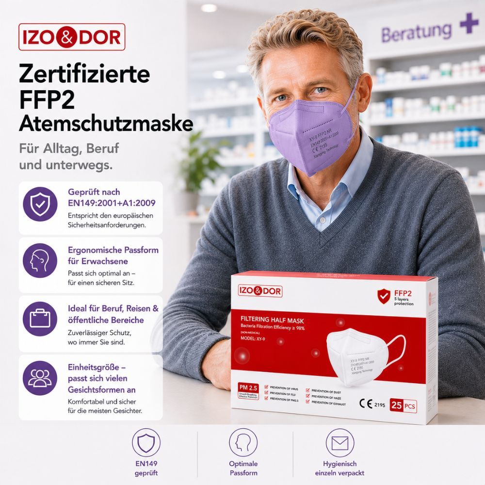 Mann trägt violette FFP2-Maske; Verpackung, CE-Zertifizierung, ergonomische Passform.