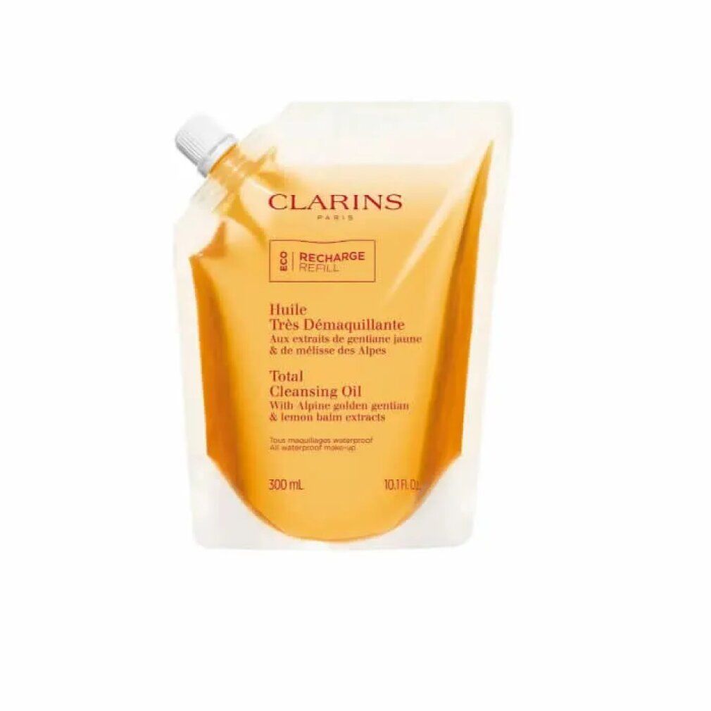 Nachfüllpackung für Make-up-Entfernungsöl. Klar, gelbliche Flüssigkeit in einem Beutel mit Schraubverschluss. Marke: Clarins.