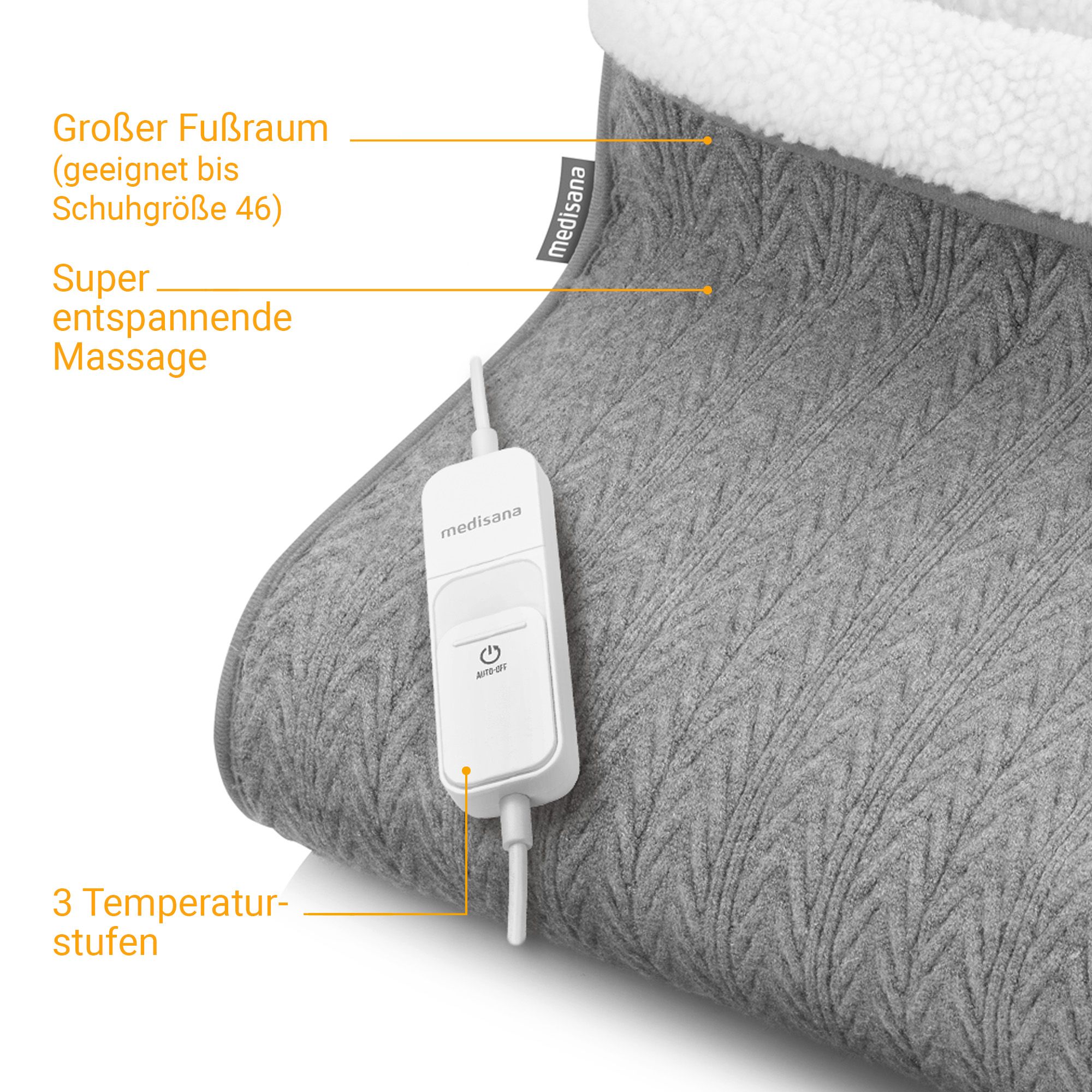 Nahaufnahme eines grauen Fußwärmers mit Kabelfernbedienung und Beschriftungen.