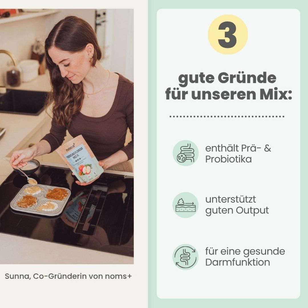 Frau bereitet Futter mit Noms+ Verdauungsmix zu. Enthält Probiotika.