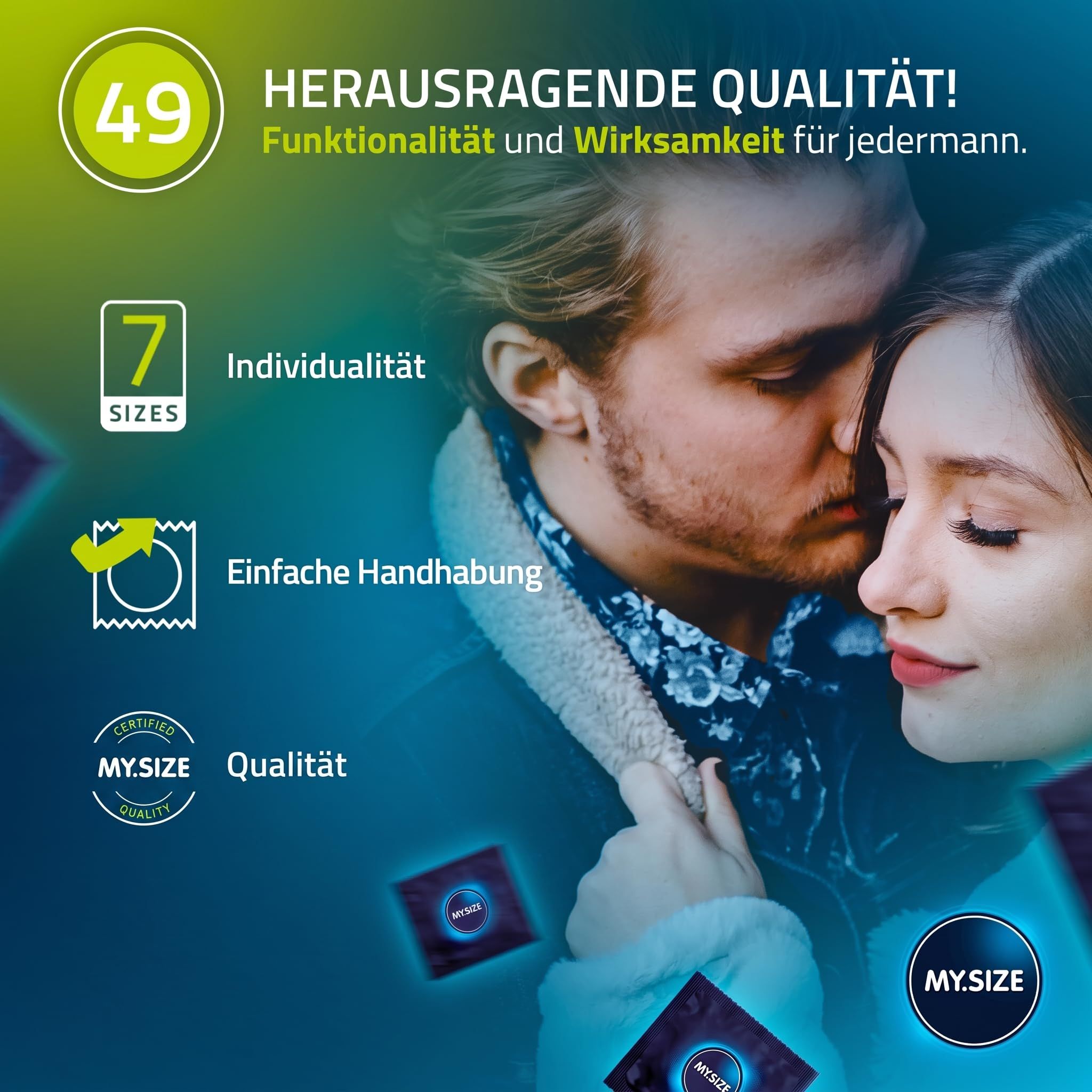 Paar umarmt sich, links sind Icons für 7 Größen, einfache Handhabung und Qualität.