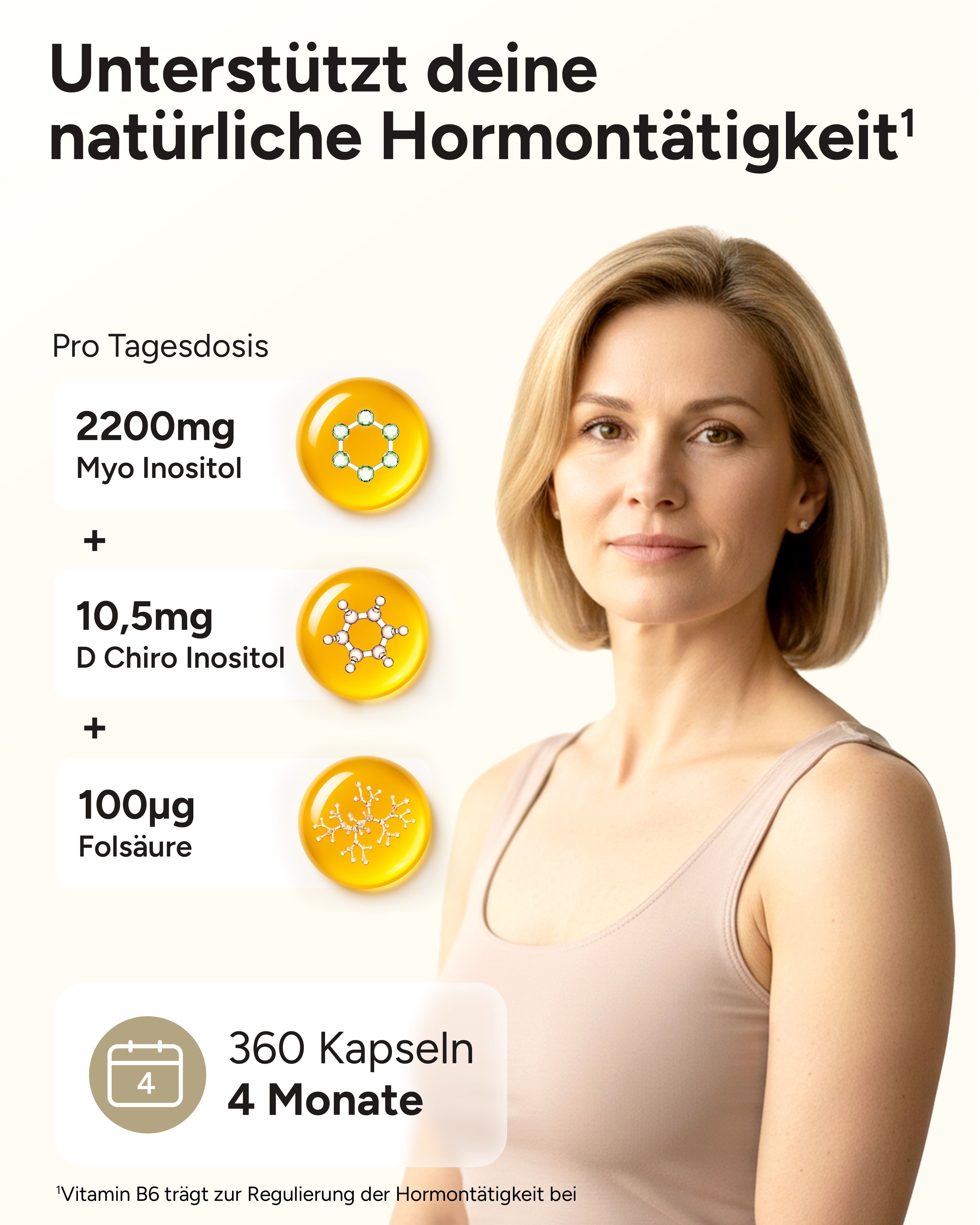 Frau mit Informationen zu Inhaltsstoffen. 2200mg Myo Inositol, 10,5mg D Chiro Inositol, 100µg Folsäure. 360 Kapseln für 4 Monate.