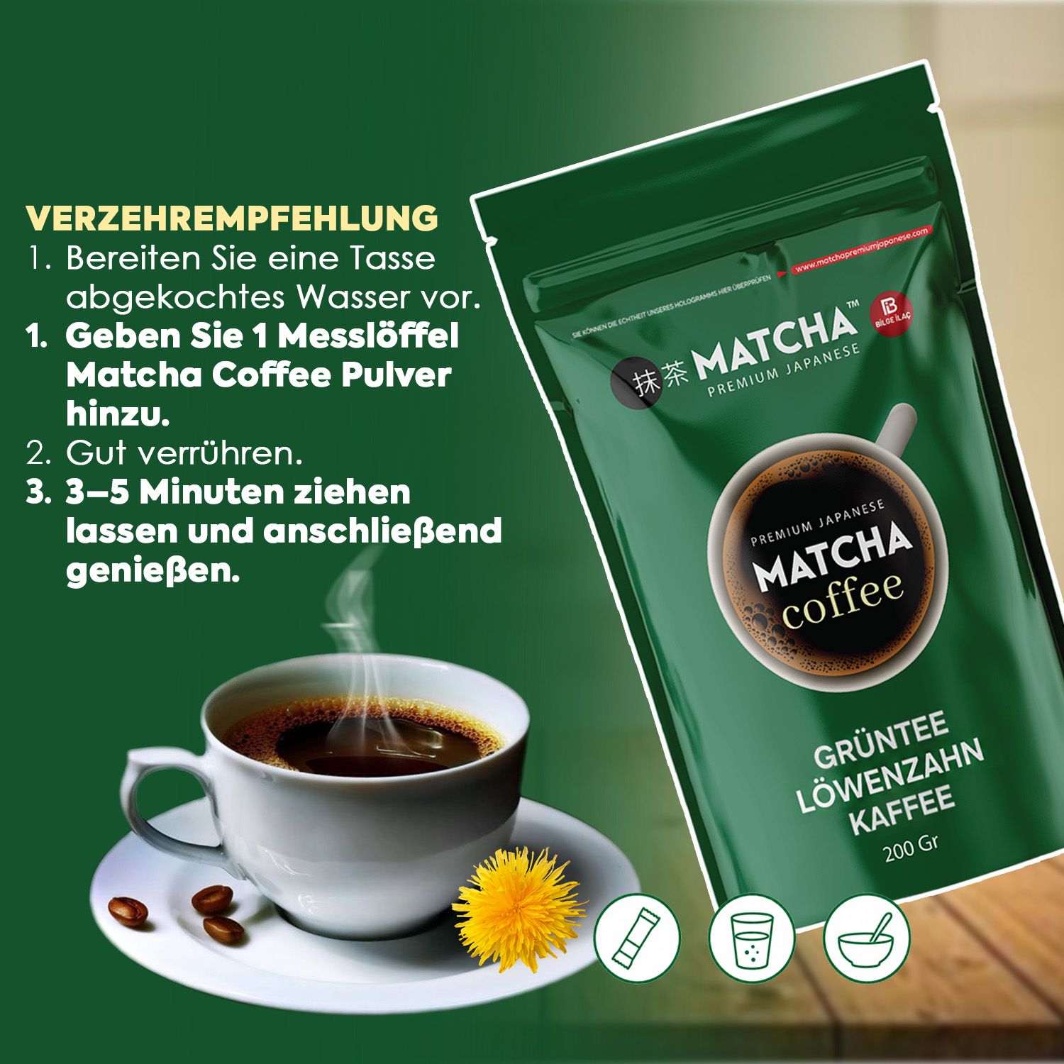 Premium Japanese Matcha Kaffee mit Grüntee & Löwenzahn