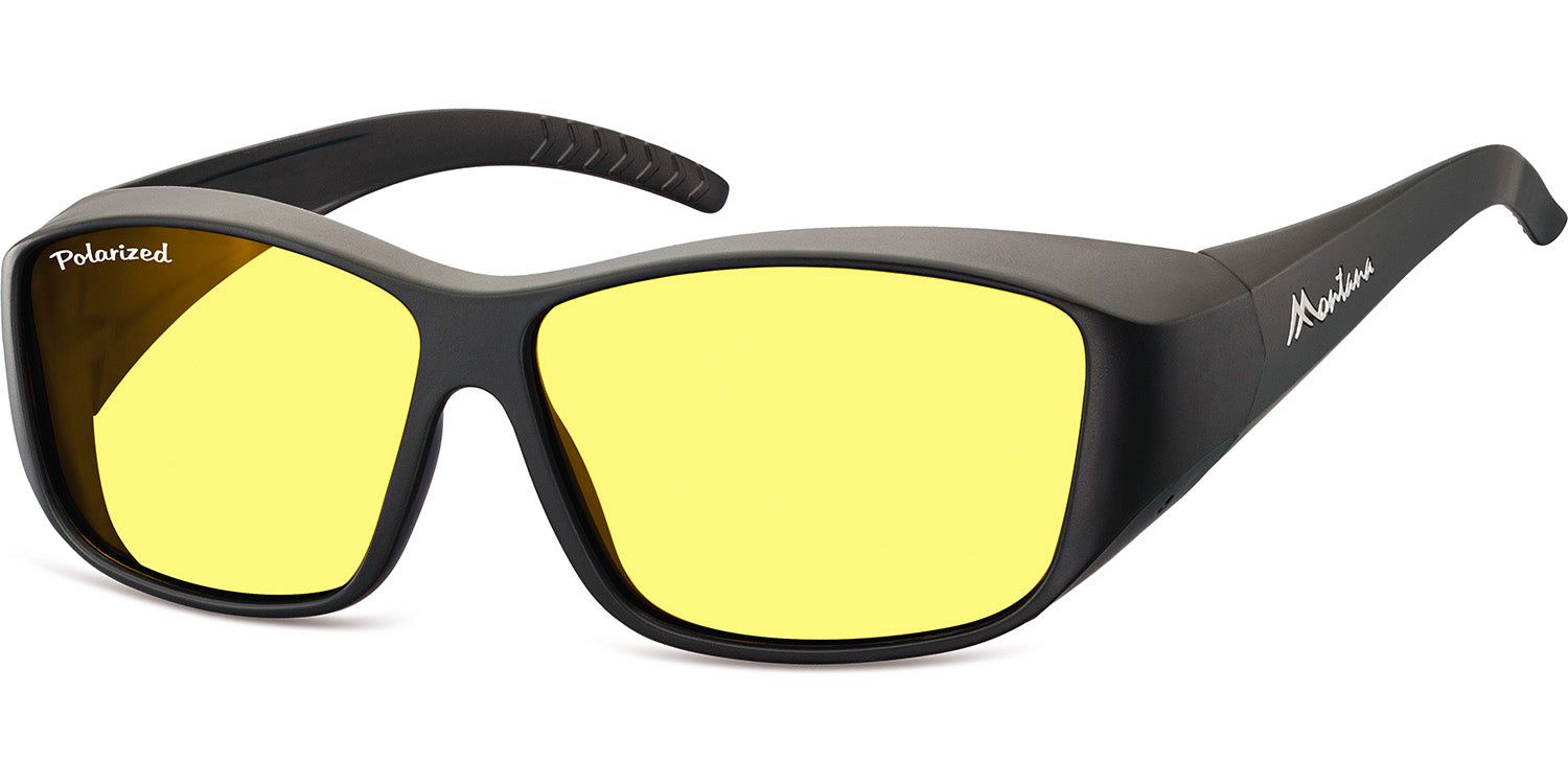 Schwarze Sonnen-Überbrille mit gelben Gläsern. Auf dem Bügel steht "Montana". Auf dem Glas steht "Polarized".