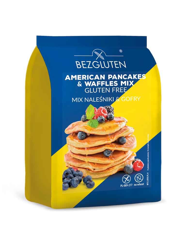 Verpackung von Bezgluten American Pancakes & Waffeln Mix, glutenfrei. Abgebildet sind Pfannkuchen mit Beeren und Sirup.