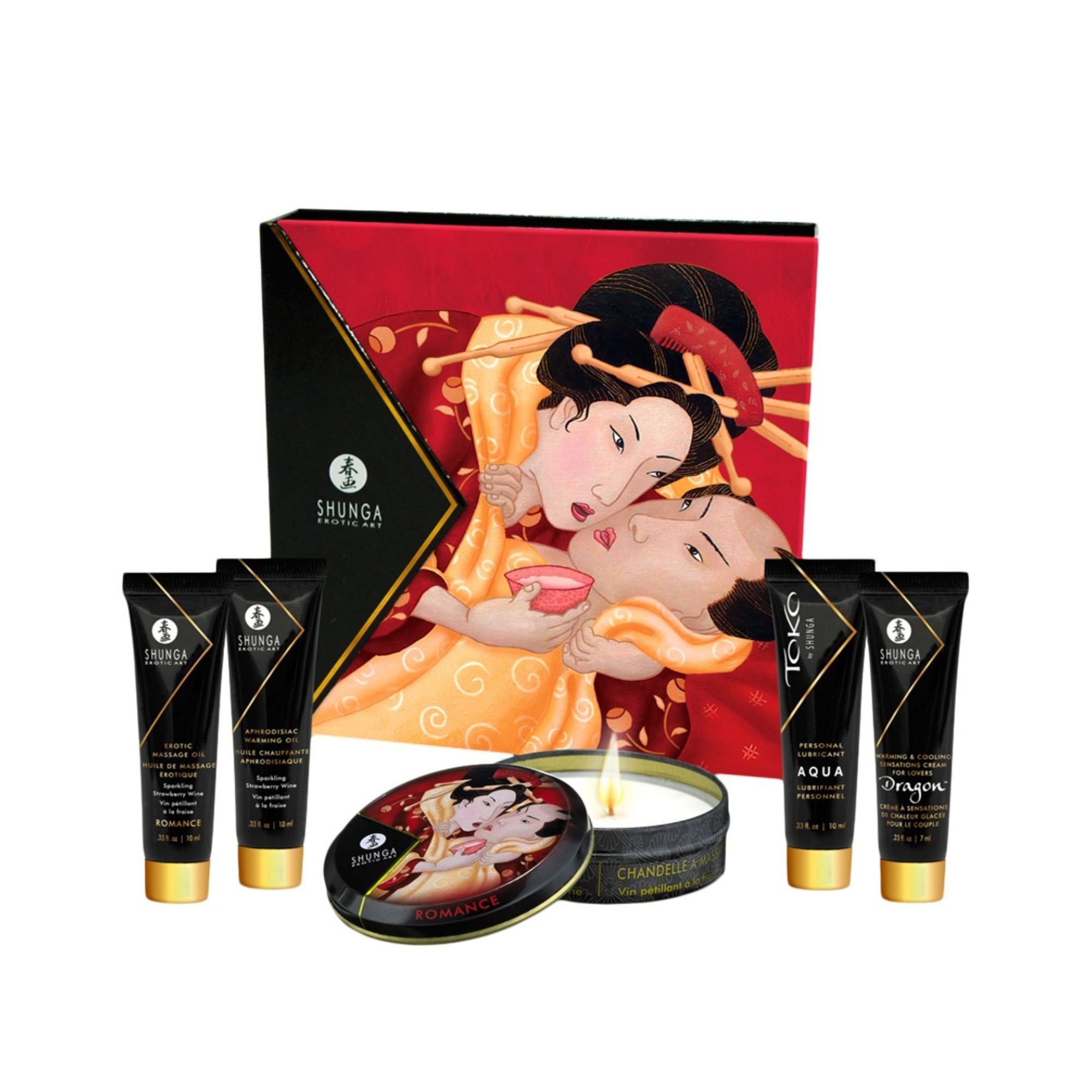 Produkt-Set mit Schachtel, Cremes, Kerze. Schwarze Tuben mit Goldakzenten. Kerze in Dose. Geisha-Illustration.