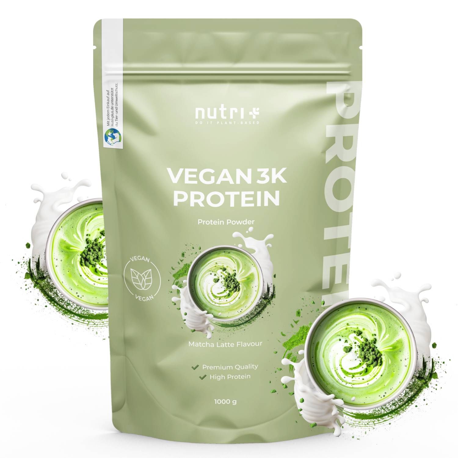 nutri+ Veganes Proteinpulver 3k in Matcha Latte Geschmack. Ein Beutel mit zwei Darstellungen eines Matcha-Getränks.