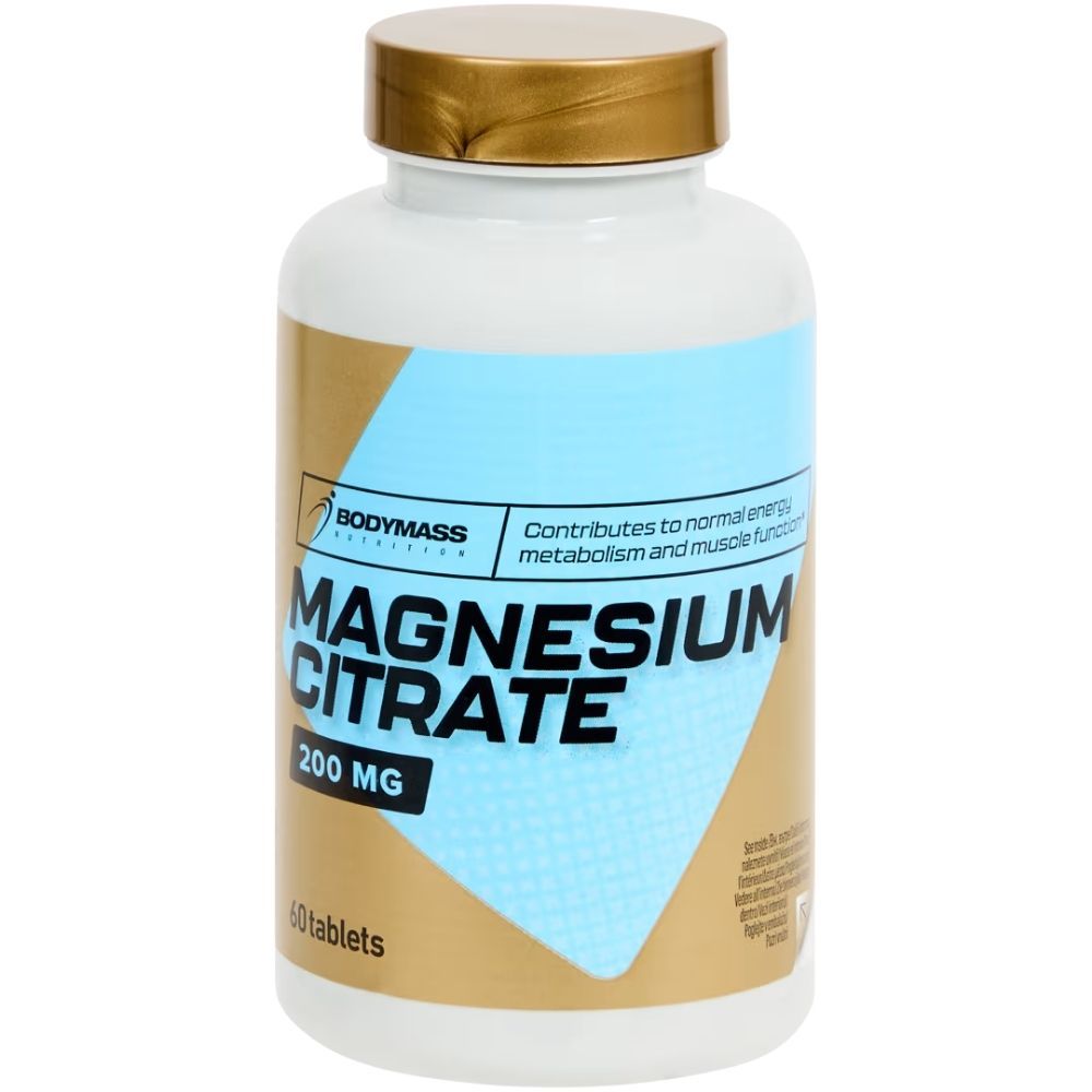 Weißes Fläschchen mit goldfarbenem Deckel. Aufschrift: Bodymass Magnesiumcitrat 200 mg. Enthält 60 Tabletten.