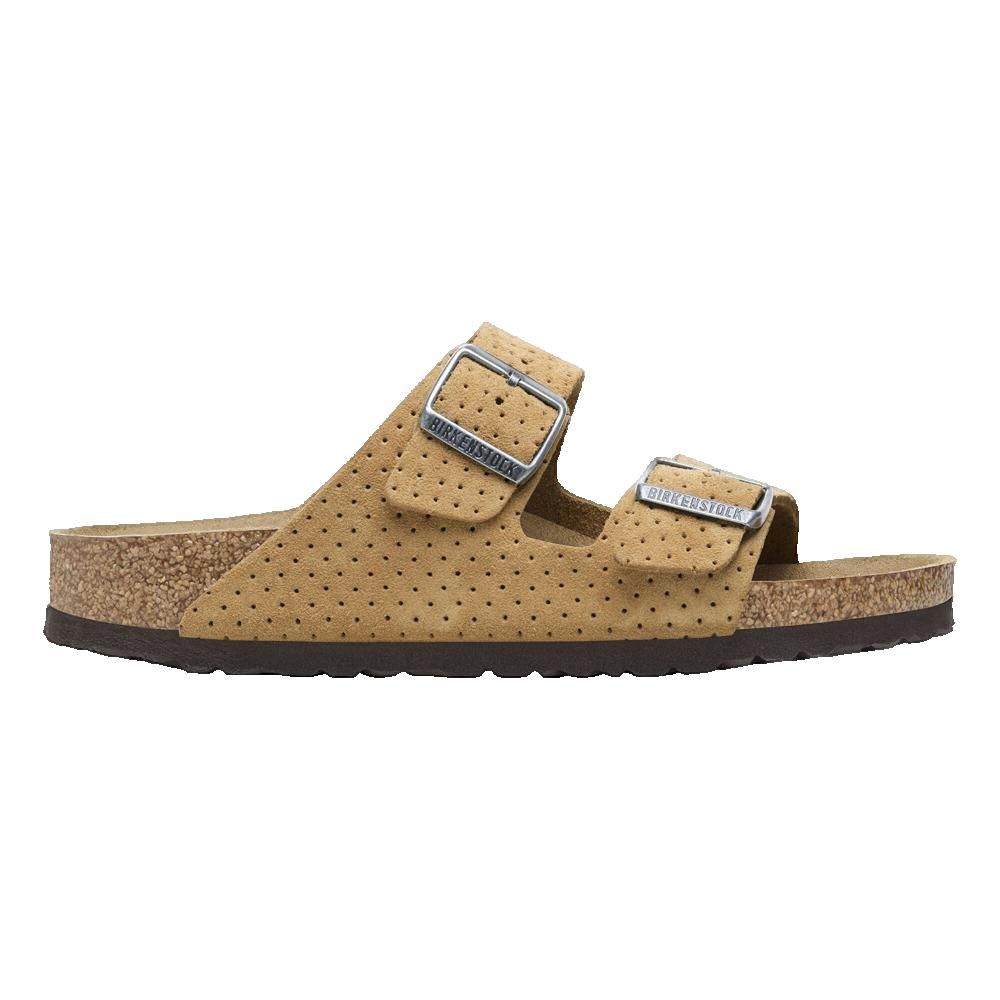 Sandalo con due cinturini, tomaia traforata e fibbie. Plantare in sughero. Beige chiaro.