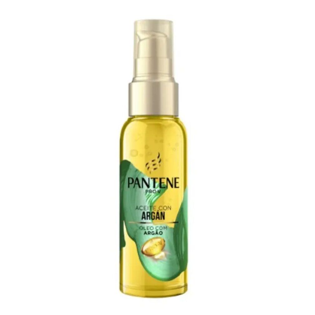Gelbe Flasche mit goldfarbenem Pumpkopf. Aufschrift PANTENE PRO-V, Arganöl. Grüne Blätter-Illustration.