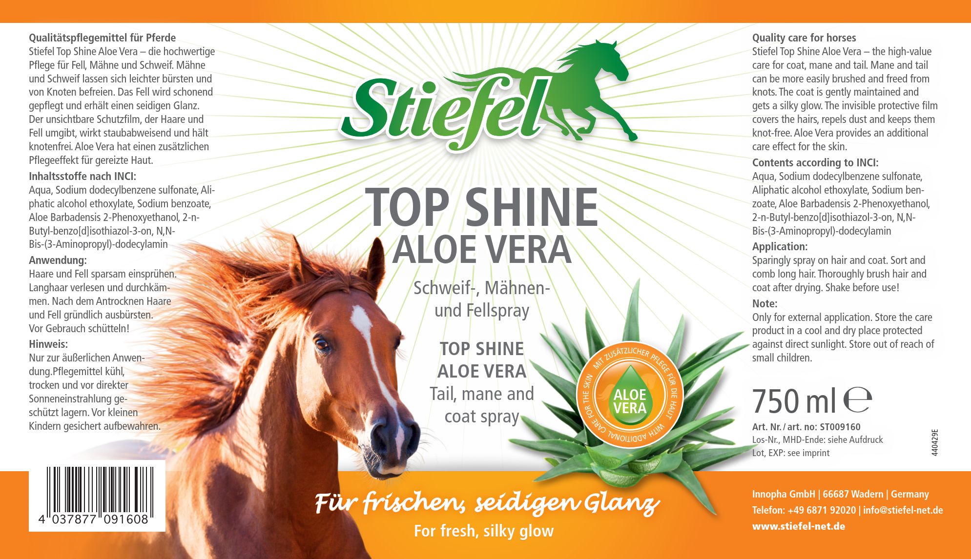 Etikett von Stiefel Top Shine Aloe Vera. Enthält Text und ein Pferdebild. 750 ml Flasche.